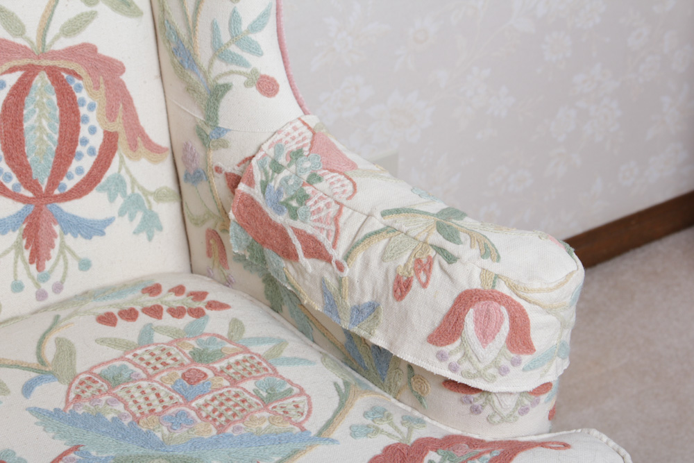 Vintage Woodmark Original Crewel Embroidered Wingback Chair