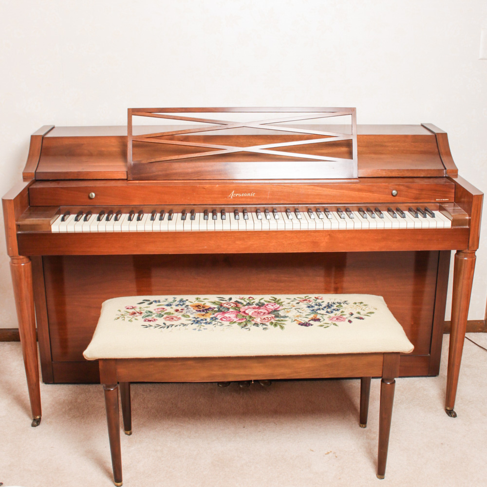 Aerosonic Piano by Baldwin With Vintage Needlepoint Upholstered Bench