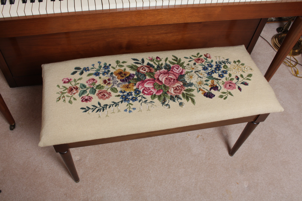Aerosonic Piano by Baldwin With Vintage Needlepoint Upholstered Bench