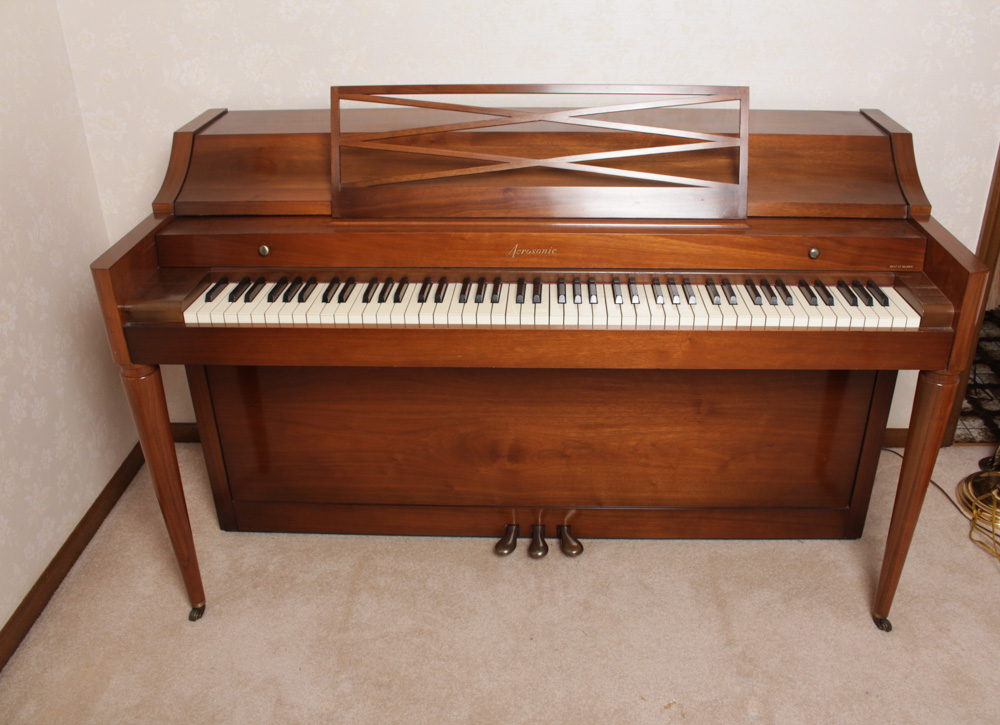 Aerosonic Piano by Baldwin With Vintage Needlepoint Upholstered Bench
