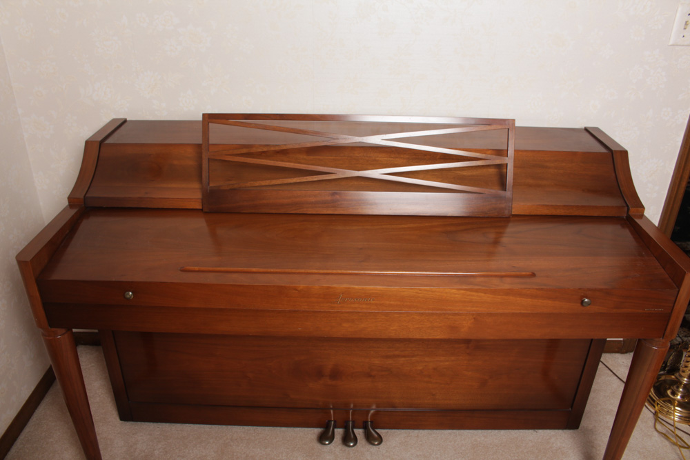Aerosonic Piano by Baldwin With Vintage Needlepoint Upholstered Bench