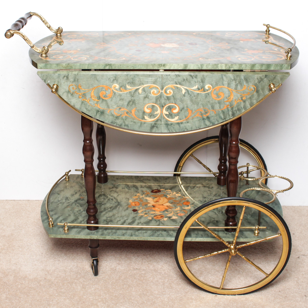 Vintage Italian Marquetry Drop Leaf Bar Cart by I.D.I.