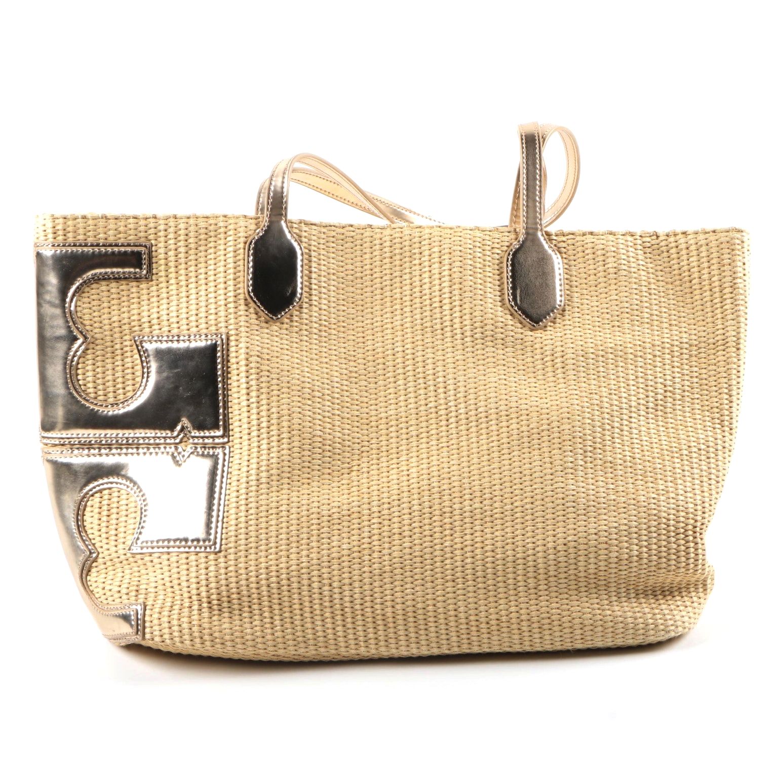 Tory Burch Metallic Logo Woven Tote