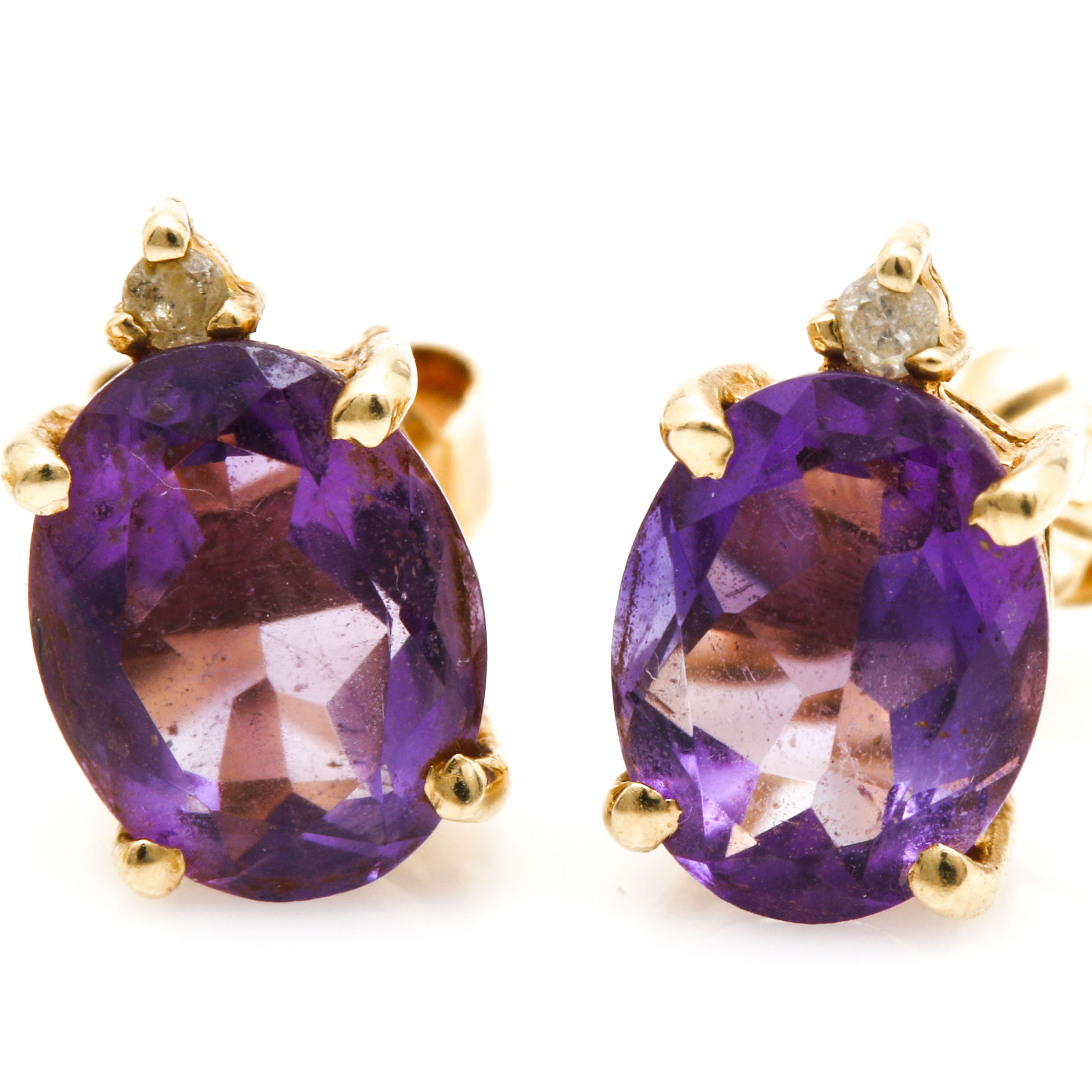 14K Yellow Gold Earrings Including Amethyst and Diamond