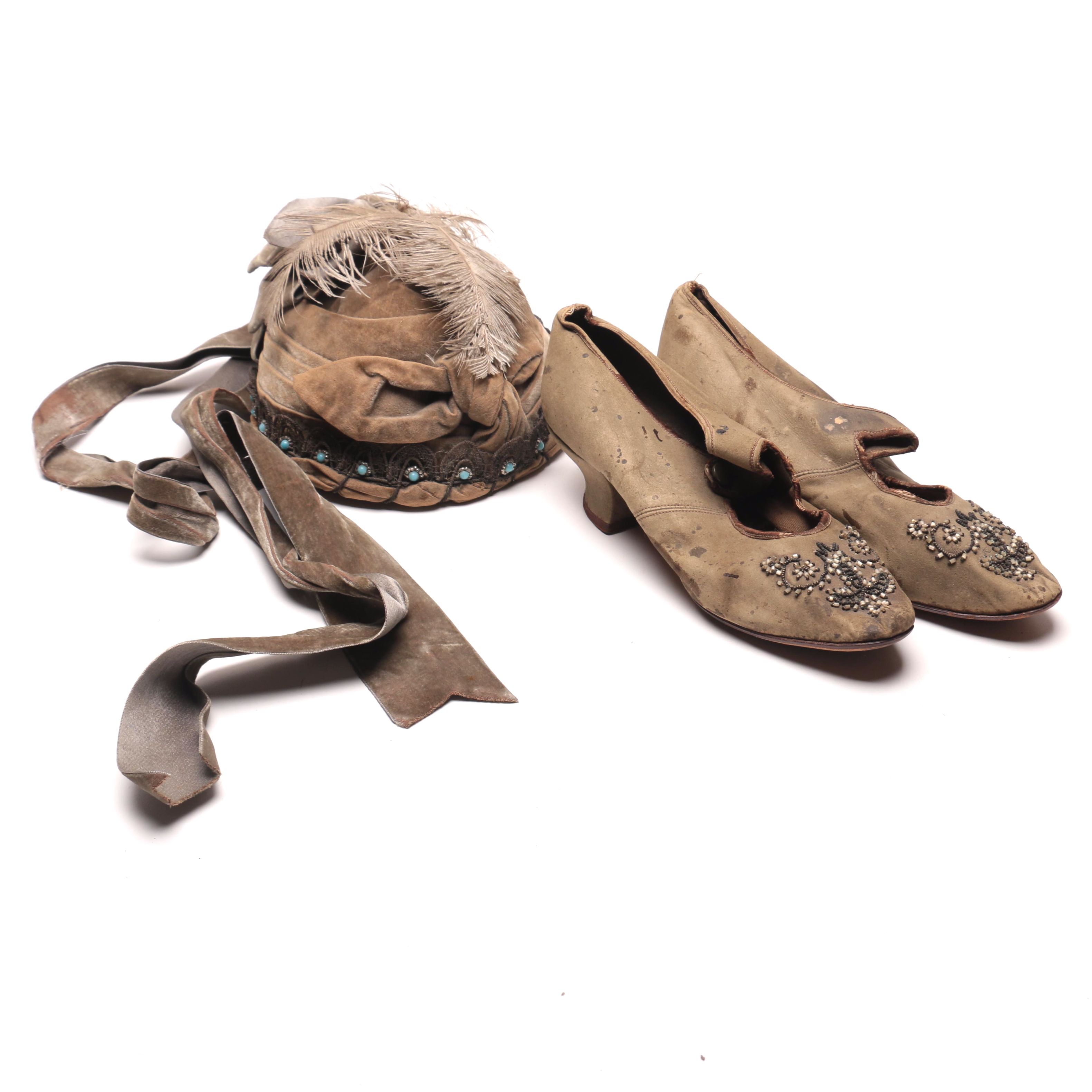 Antique Velvet Wedding Bonnet and Suede Shoes