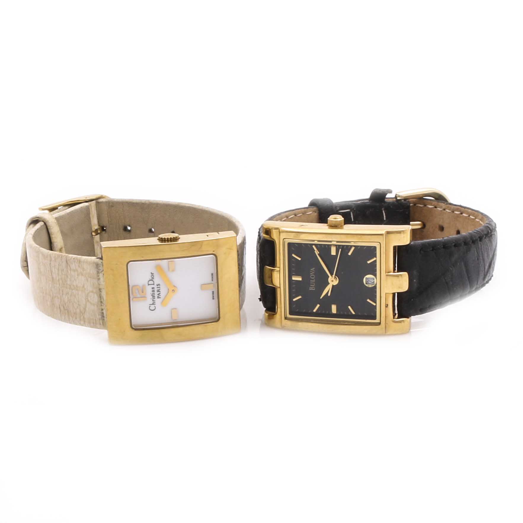 Pair of Christian Dior and Bulova Stainless Steel and Gold Tone Watches