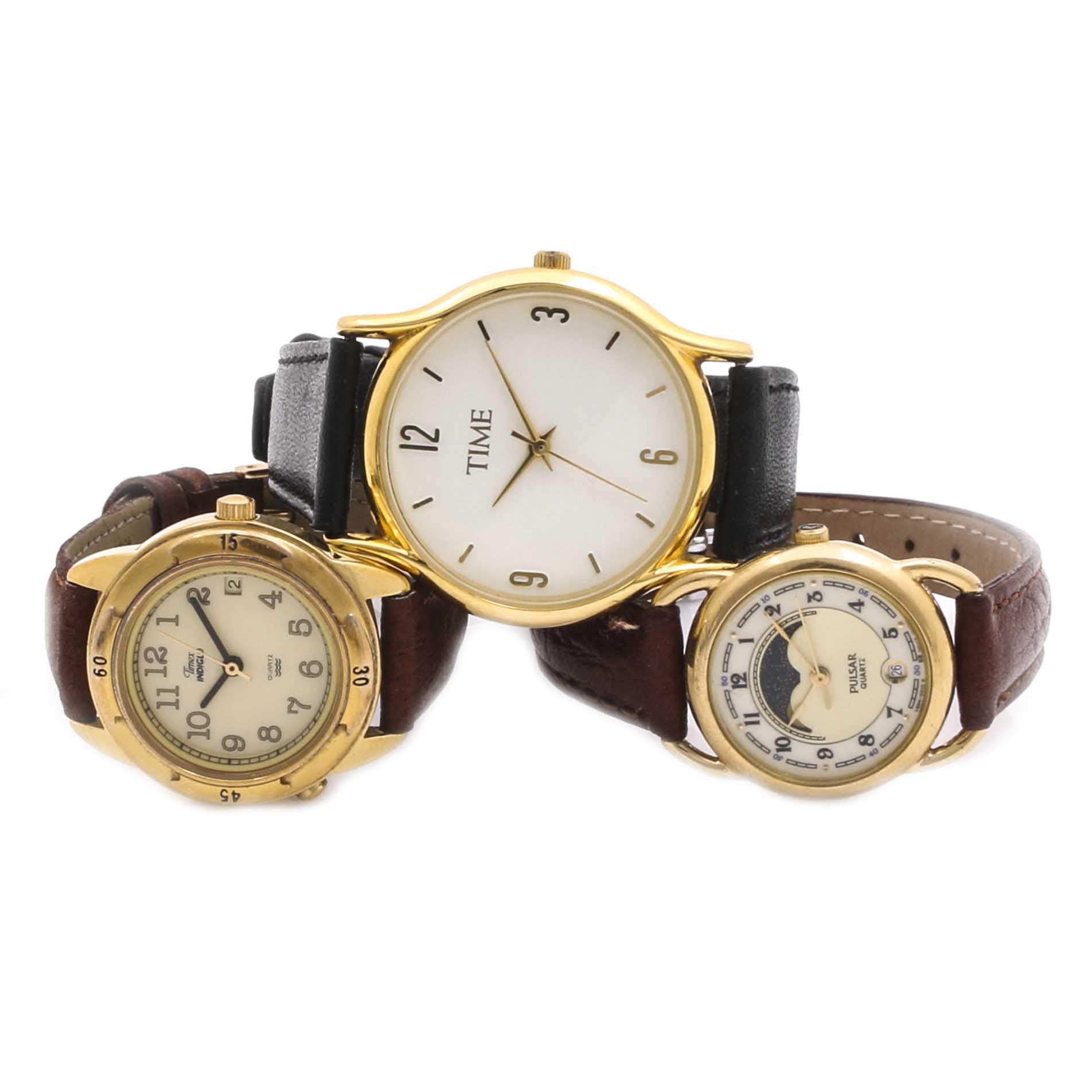 Assortment of Gold Tone Watches Including Timex Indiglo and a Pulsar Moonphase