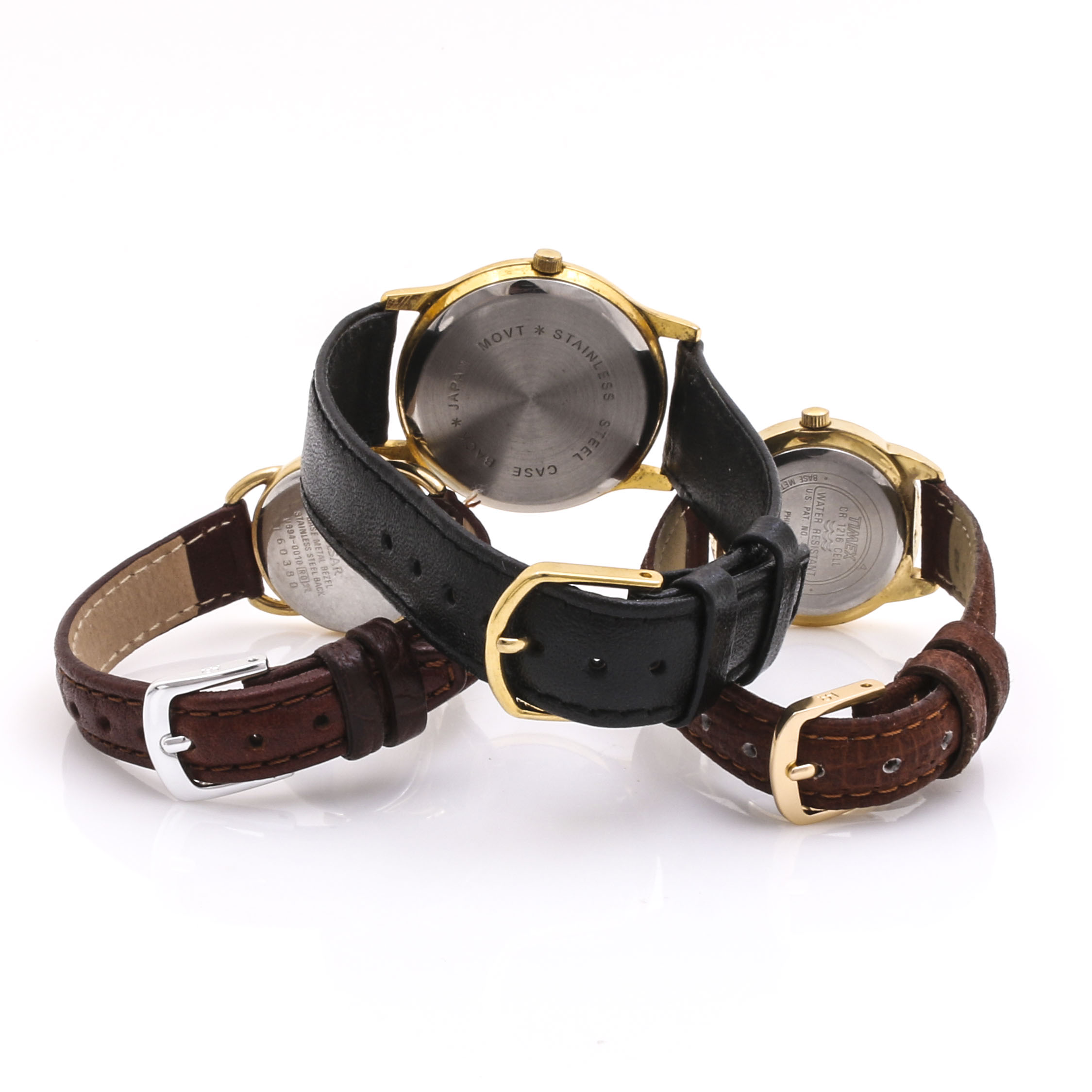 Assortment of Gold Tone Watches Including Timex Indiglo and a Pulsar Moonphase