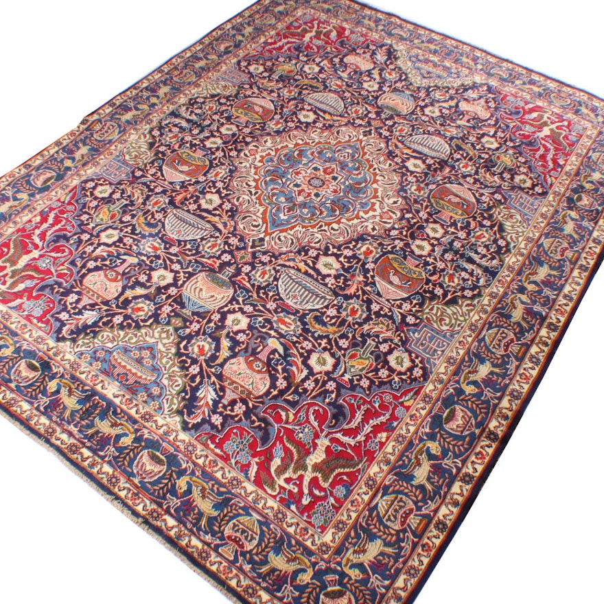 Vintage Hand-Knotted Persian Pictorial Kashmar Room Size Rug