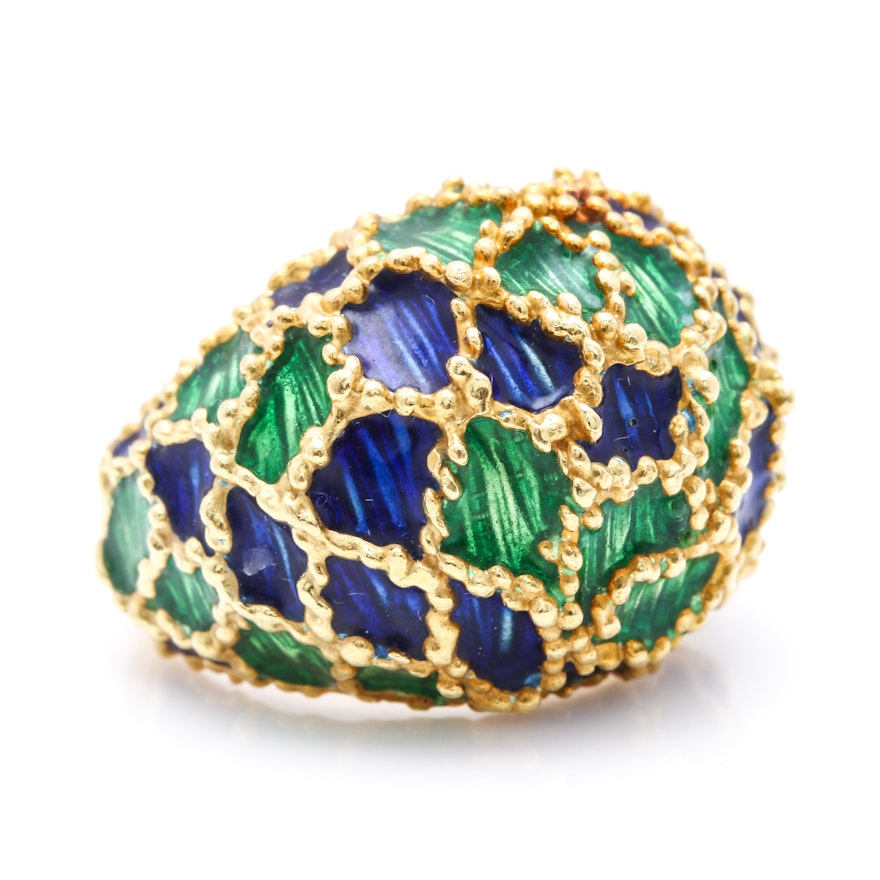 18K Yellow Gold Domed Ring With Enamel