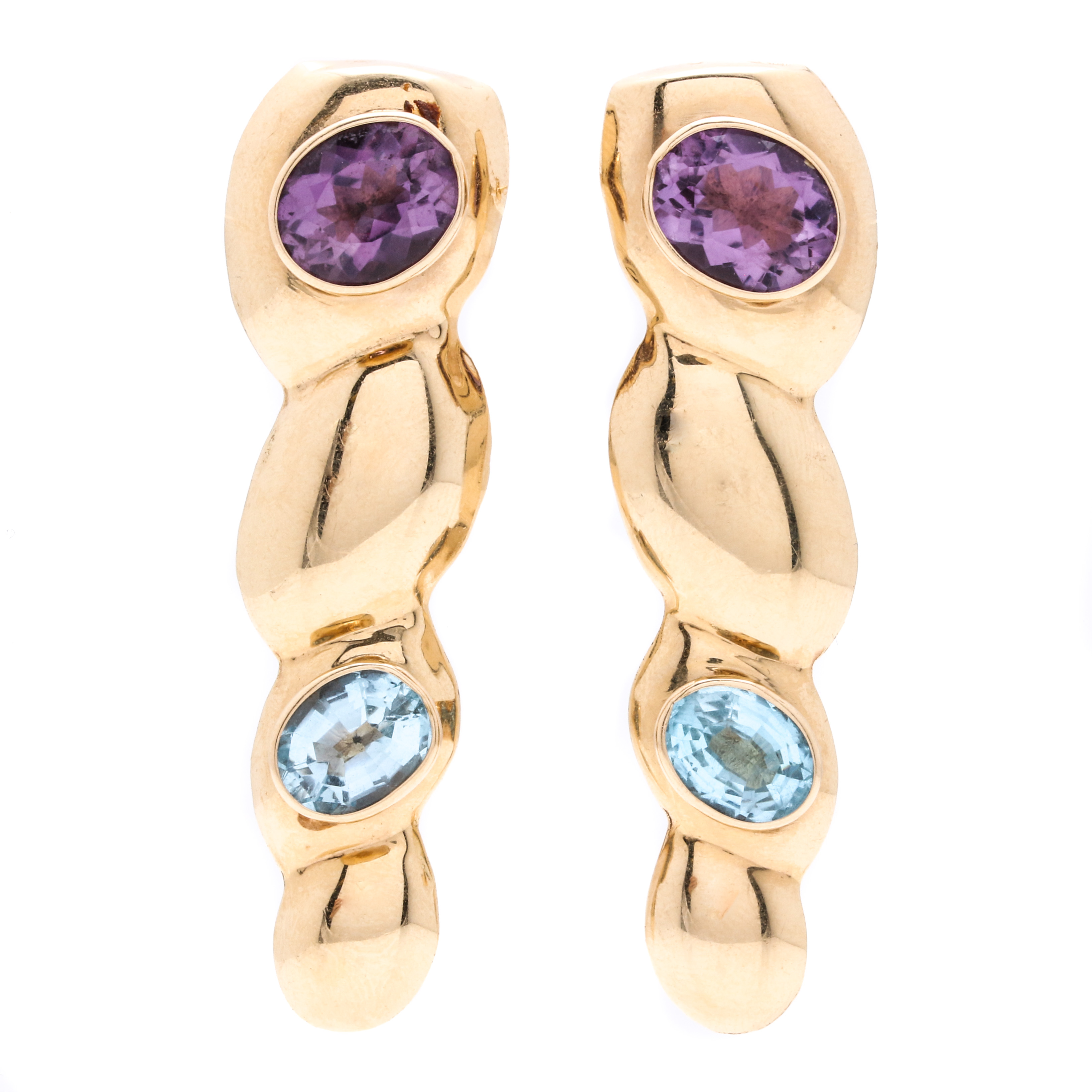 14K Yellow Gold Amethyst and Blue Topaz Earrings
