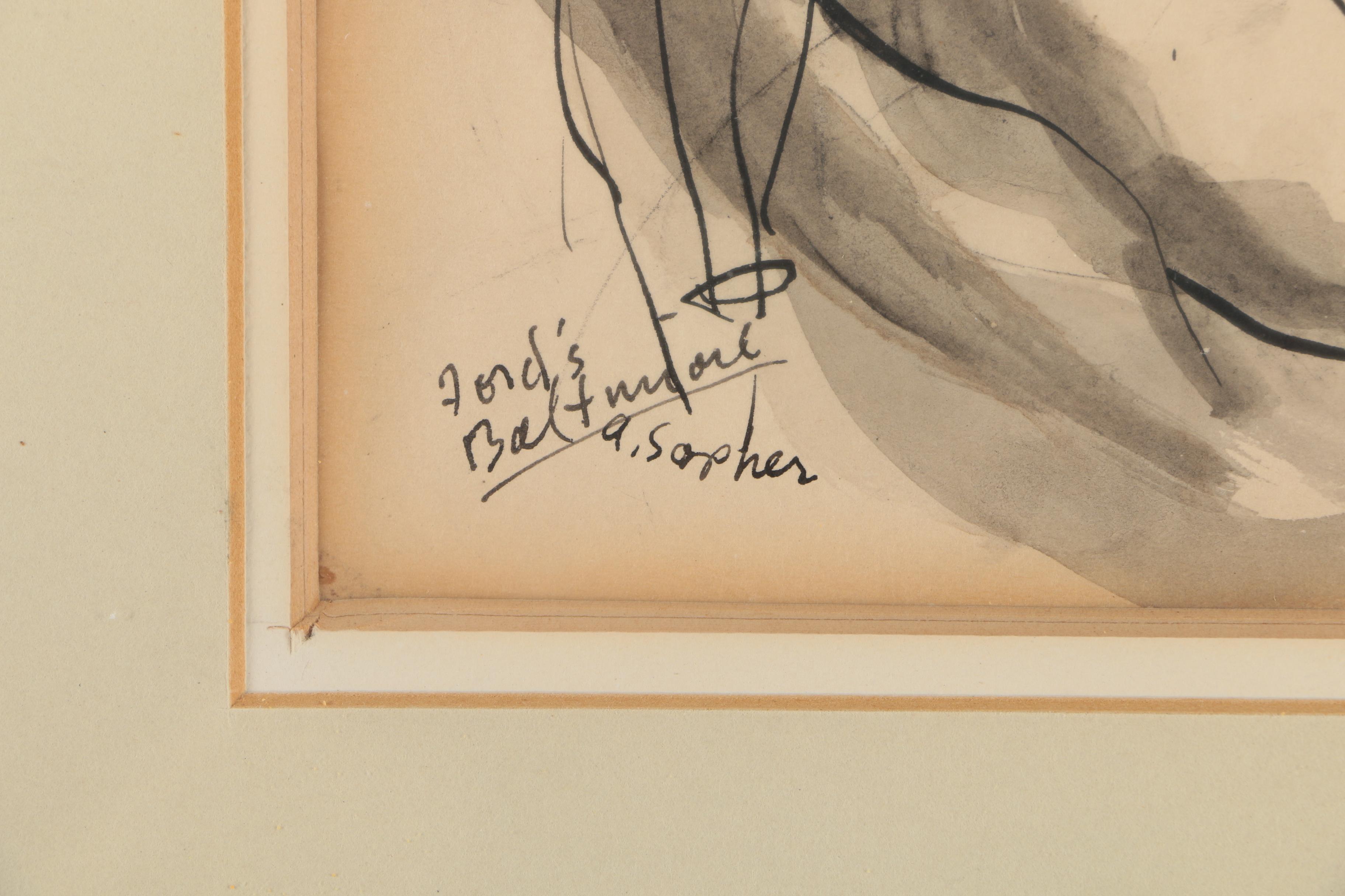 Aaron Sopher Mid Century Ink Wash Illustration "Ford's - Baltimore"