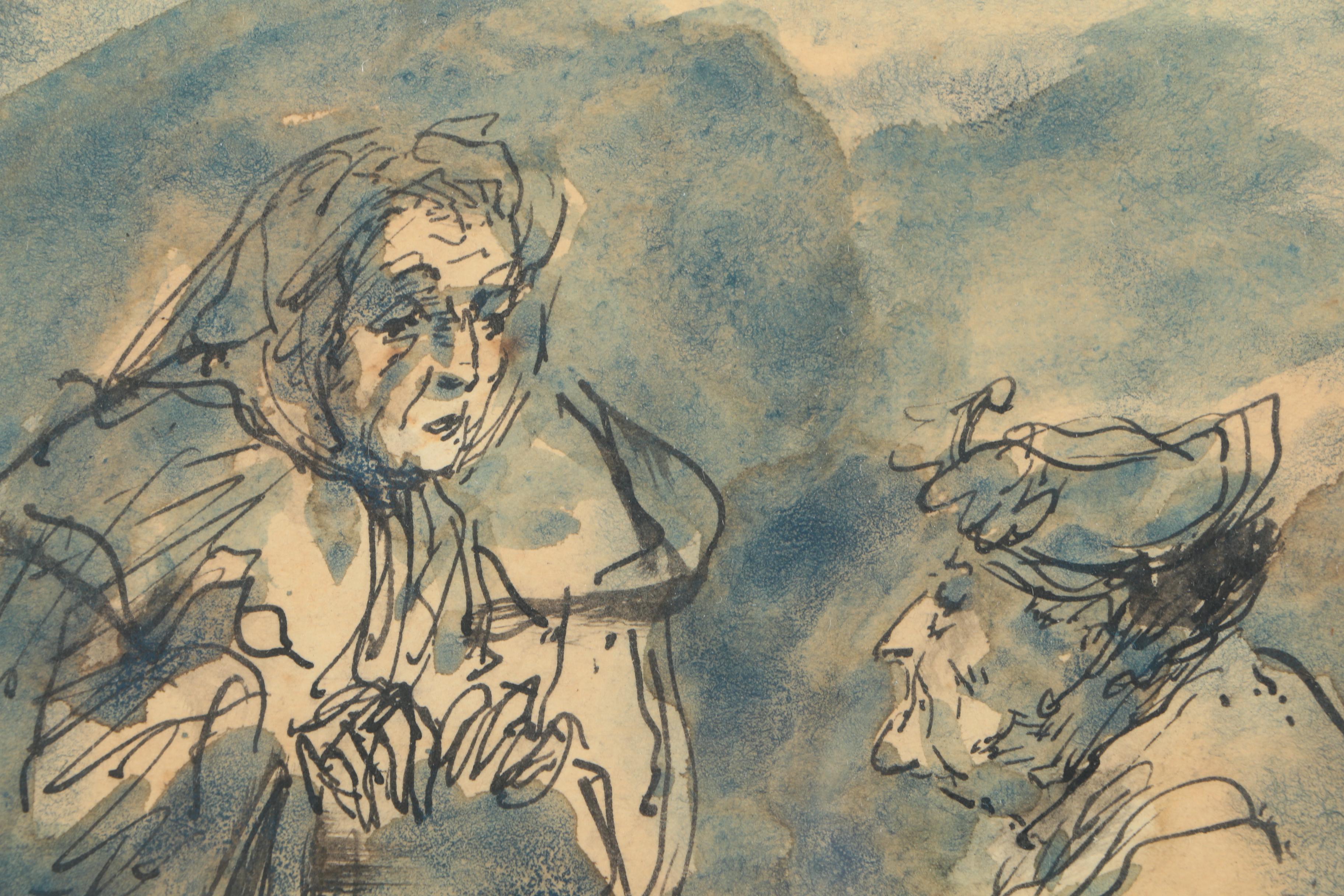 Aaron Sopher 1969 Ink and Watercolor on Paper "Two Women"