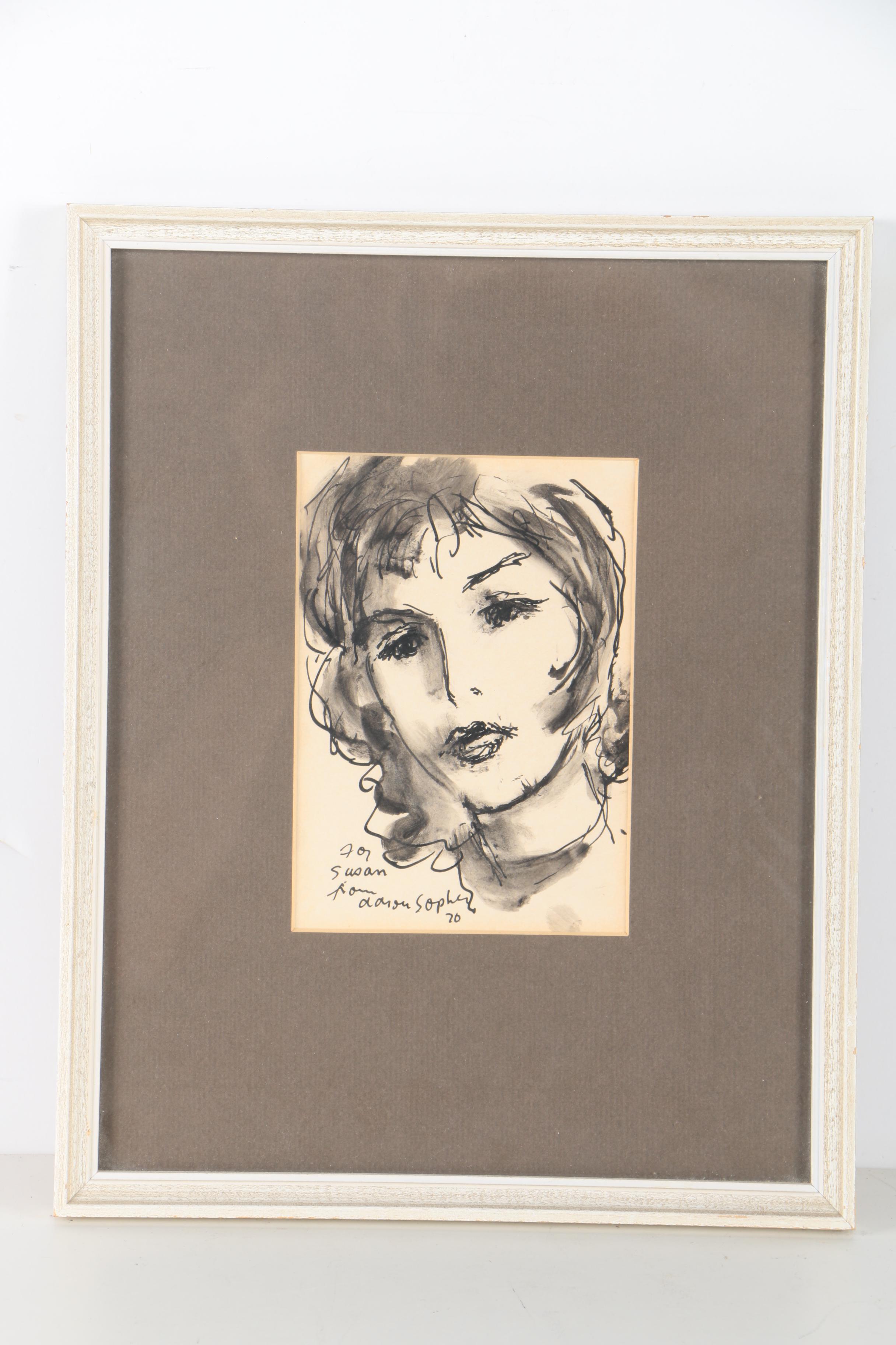 Aaron Sopher Mid Century Ink Wash Portraits "For Susan"