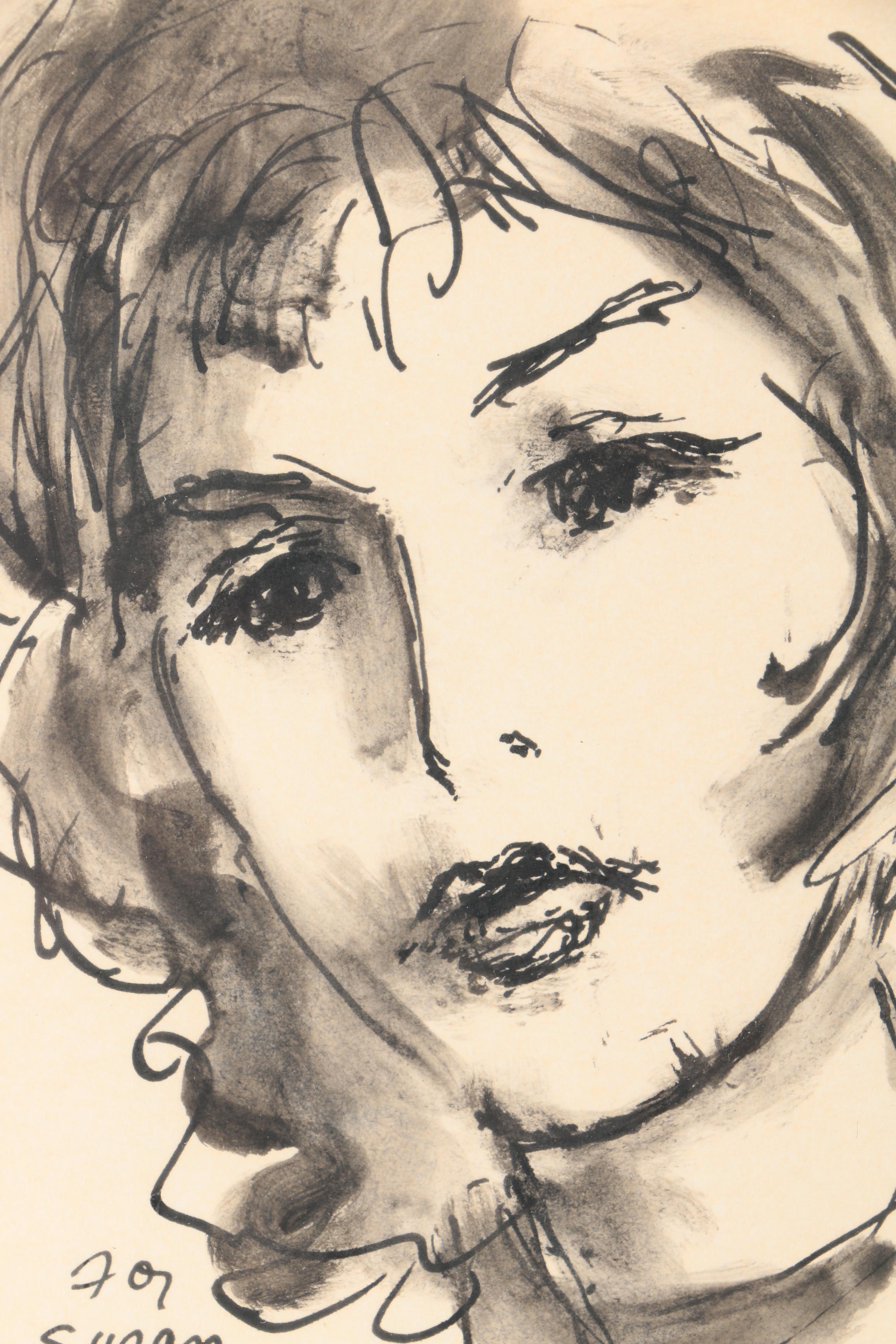 Aaron Sopher Mid Century Ink Wash Portraits "For Susan"