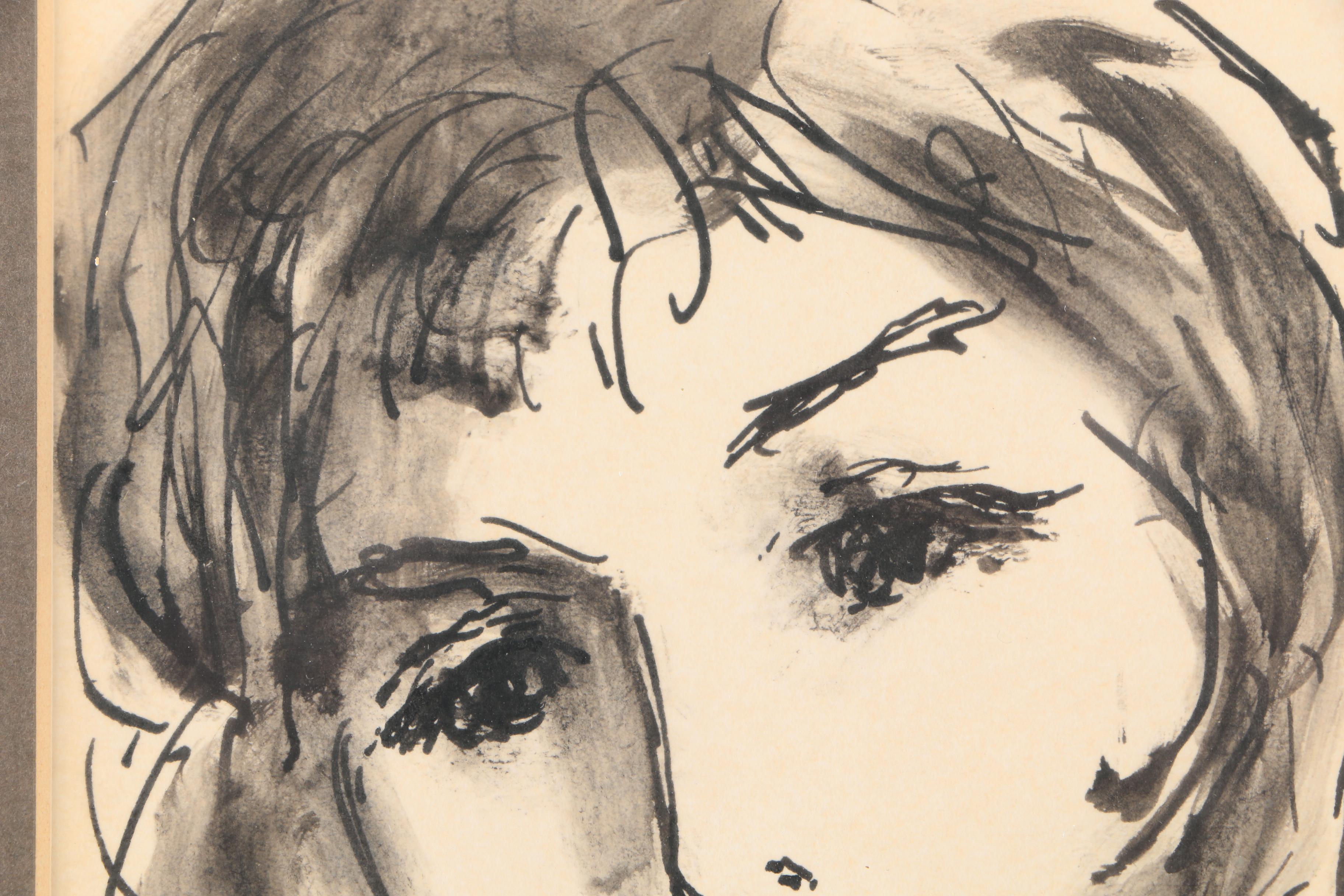 Aaron Sopher Mid Century Ink Wash Portraits "For Susan"