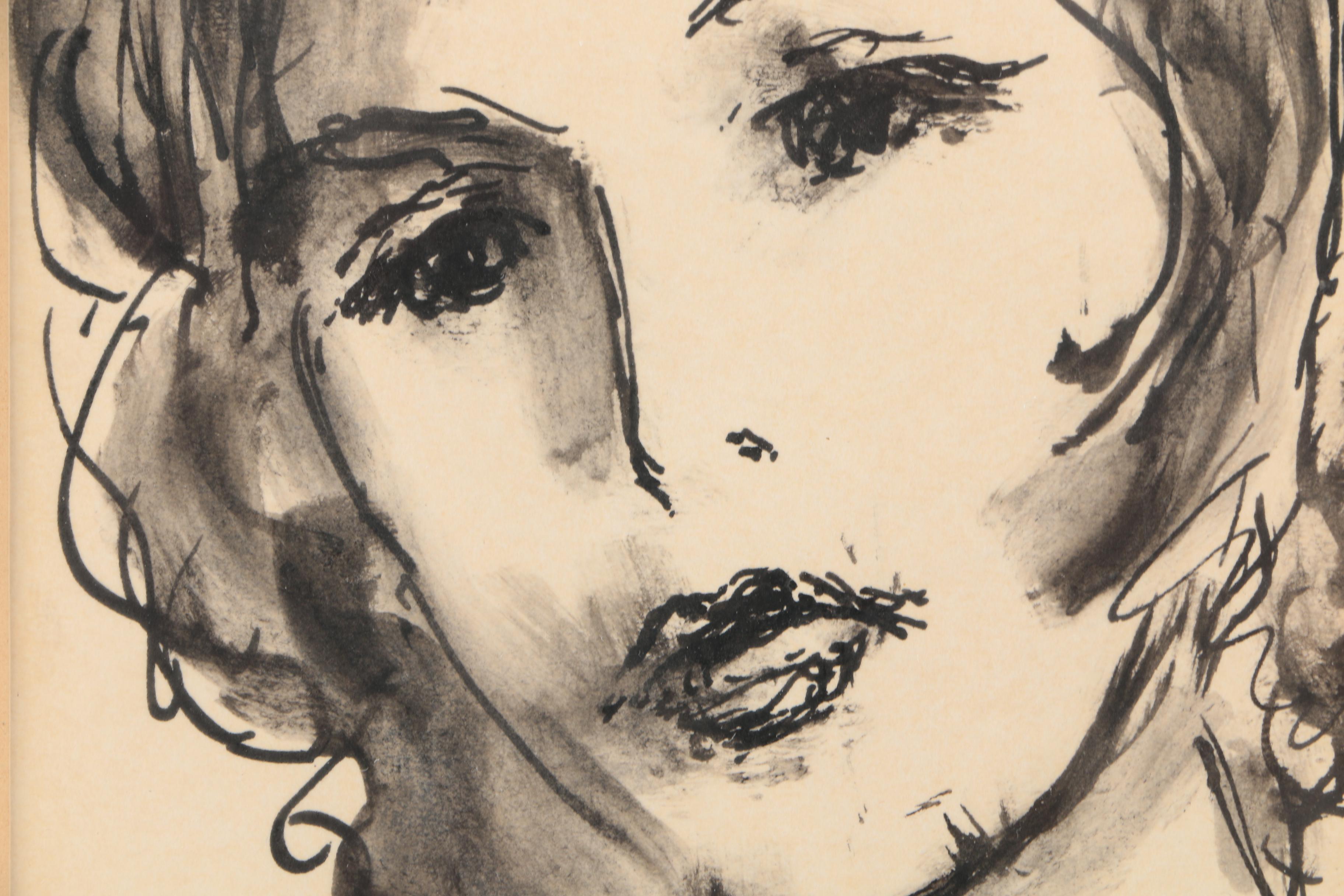 Aaron Sopher Mid Century Ink Wash Portraits "For Susan"