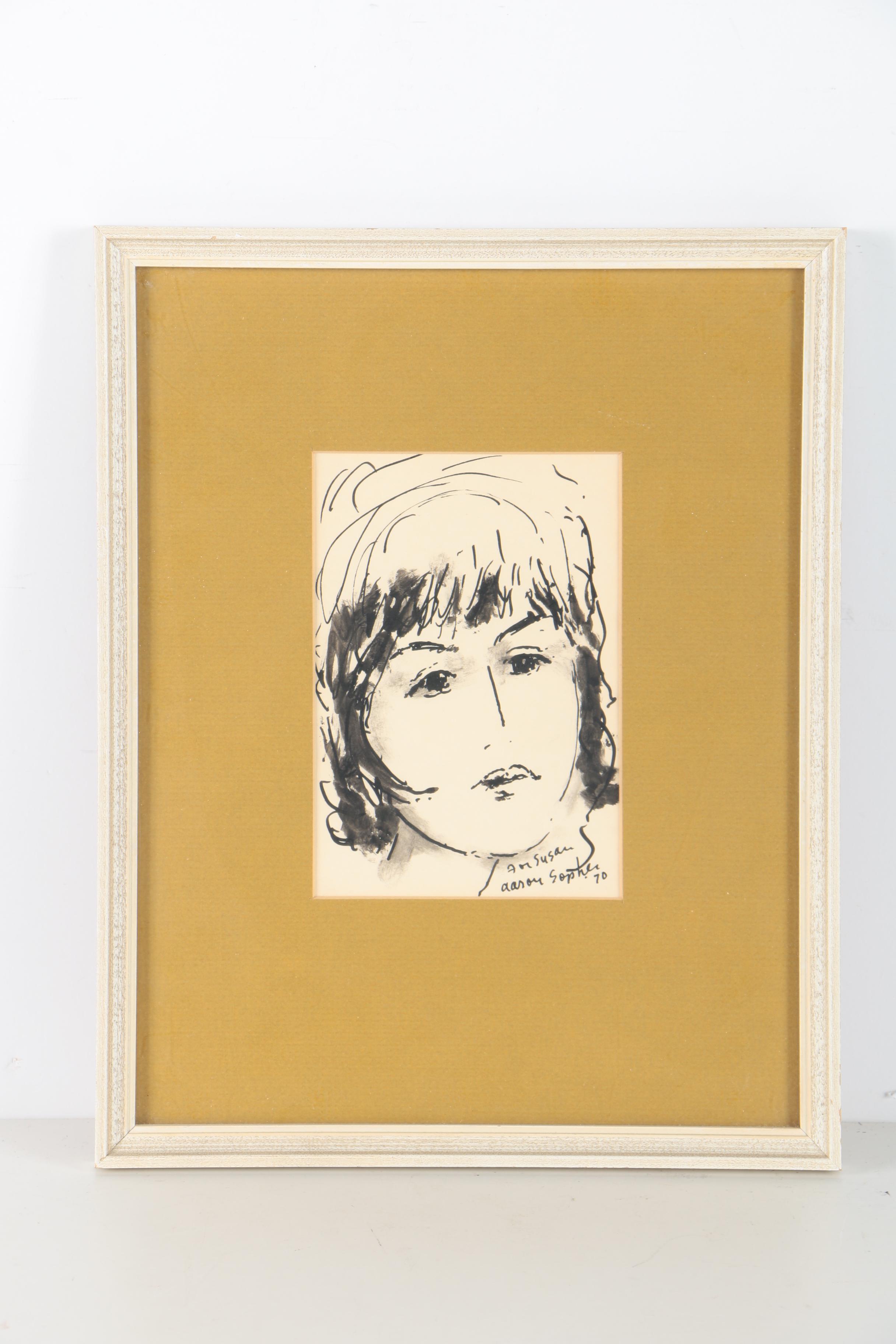 Aaron Sopher Mid Century Ink Wash Portraits "For Susan"