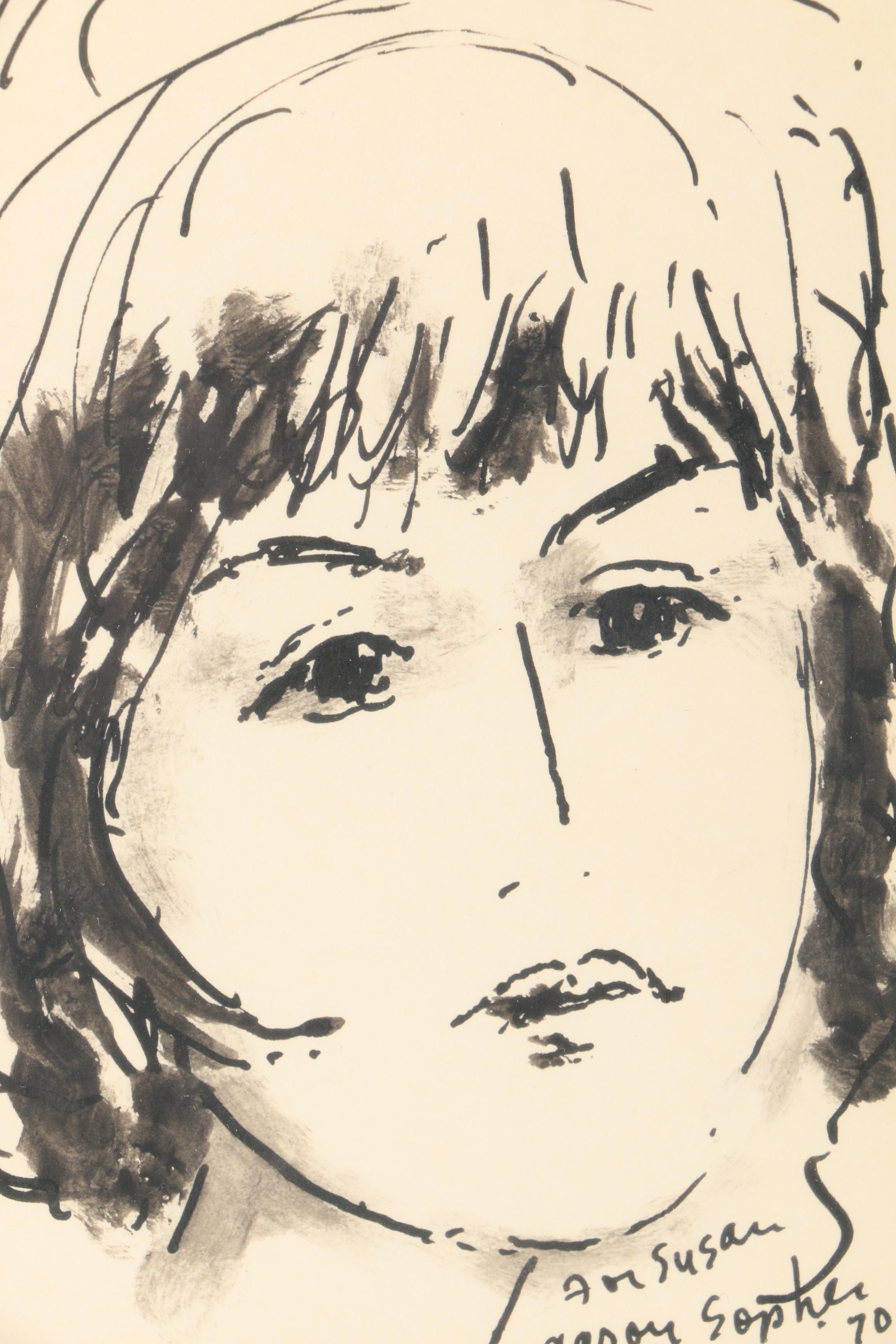 Aaron Sopher Mid Century Ink Wash Portraits "For Susan"