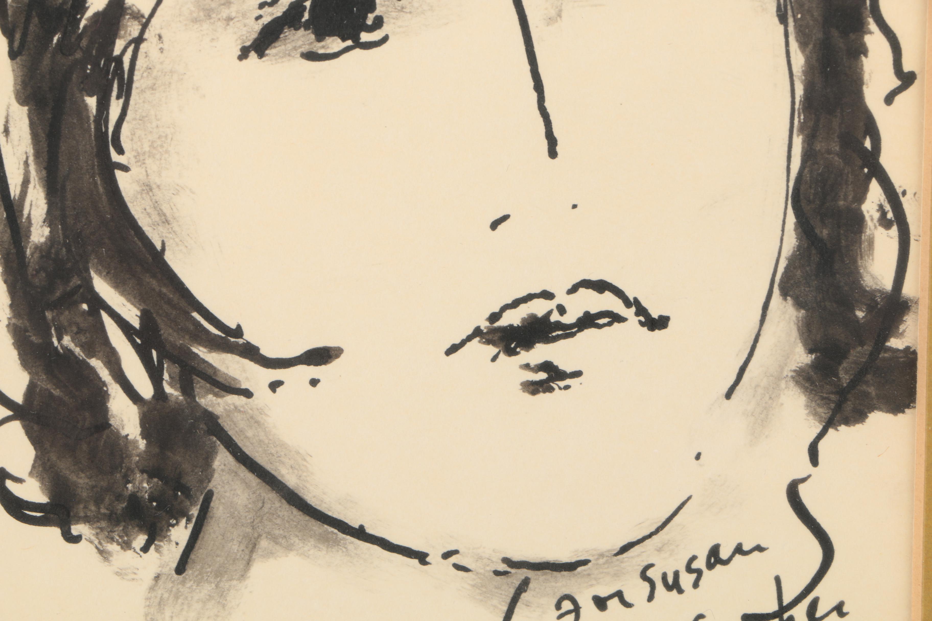 Aaron Sopher Mid Century Ink Wash Portraits "For Susan"