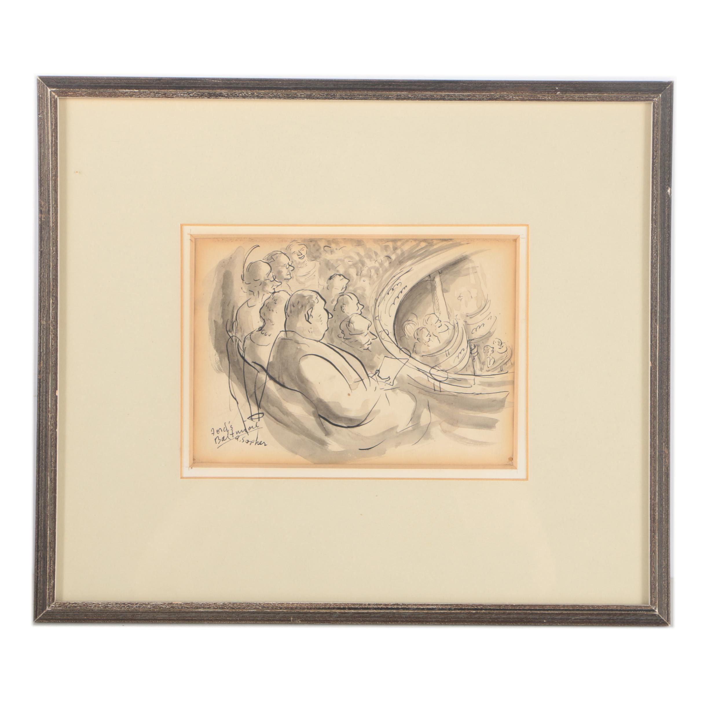 Aaron Sopher Mid Century Ink Wash Illustration "Ford's - Baltimore"