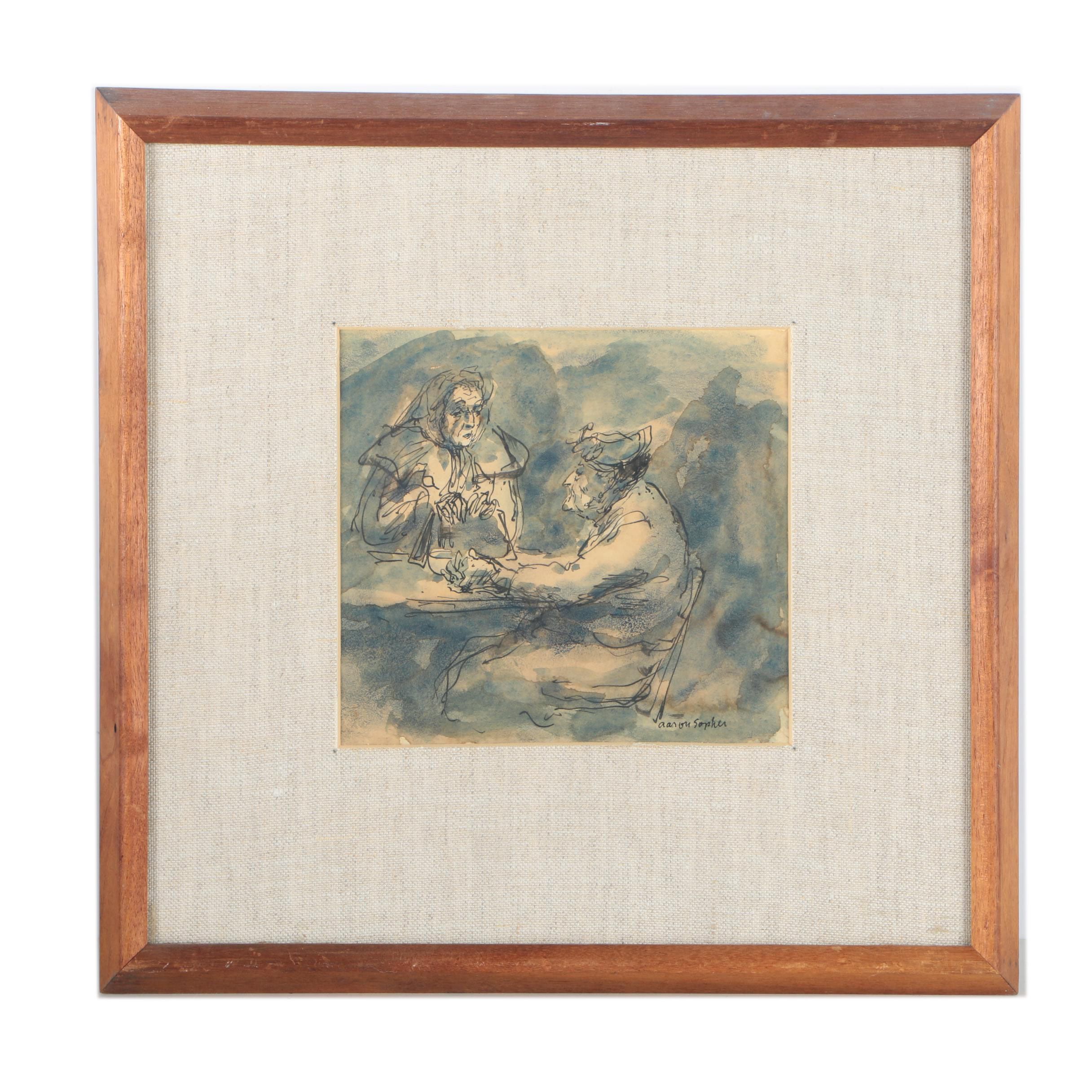 Aaron Sopher 1969 Ink and Watercolor on Paper "Two Women"