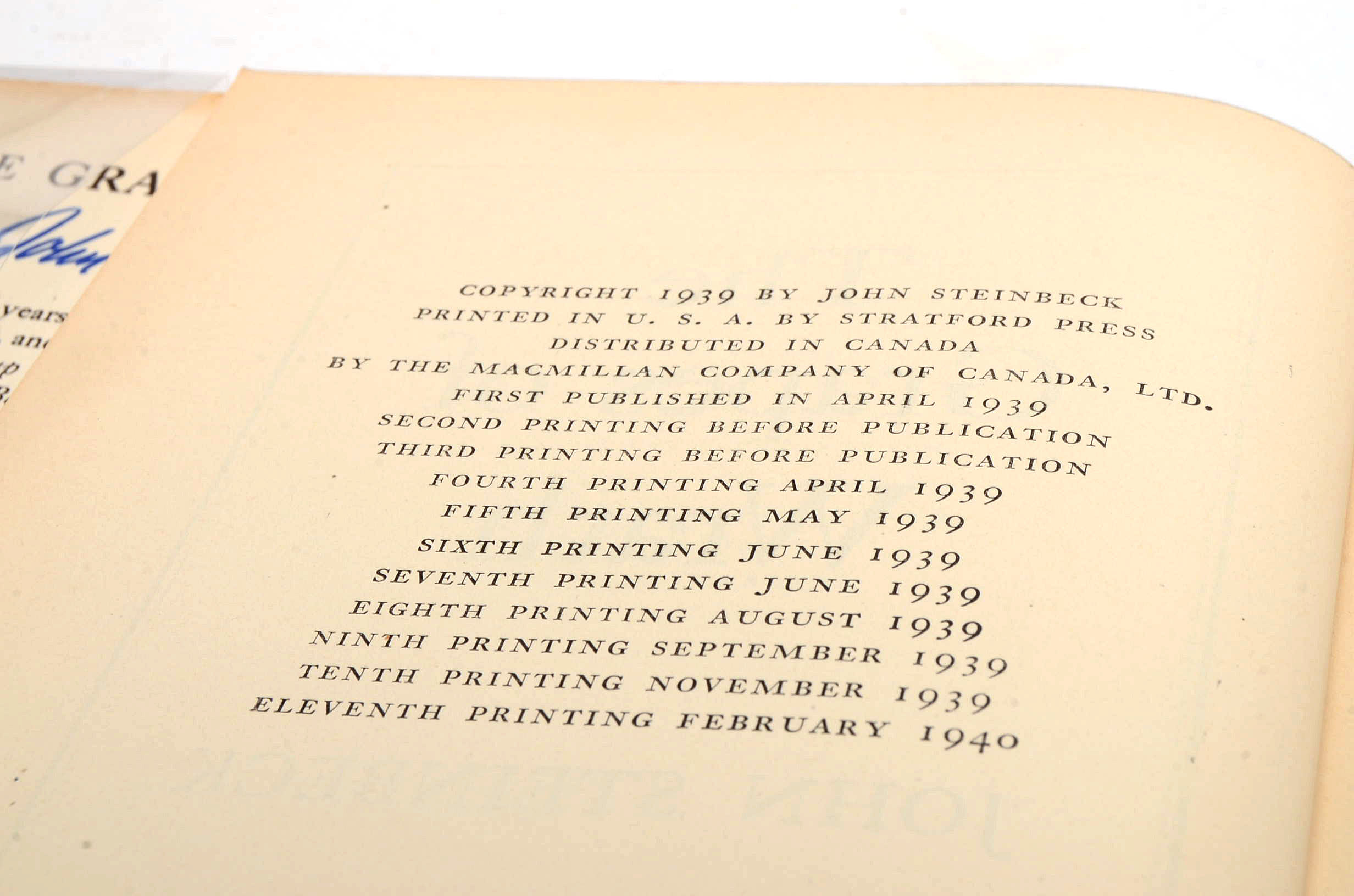 First Edition Eleventh Printing of "The Grapes of Wrath" by John Steinbeck