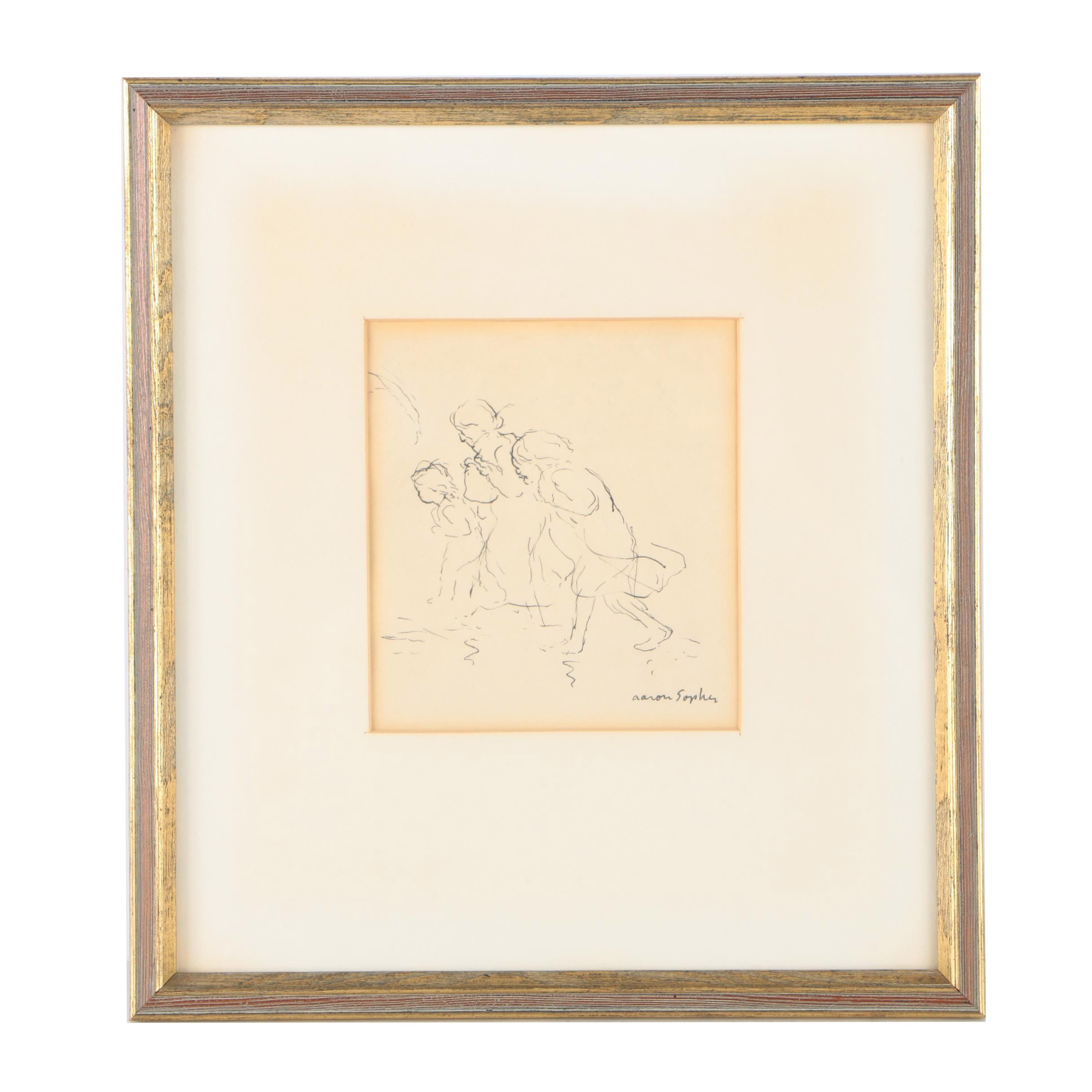 Aaron Sopher Mid-Century Ink Drawing on Paper