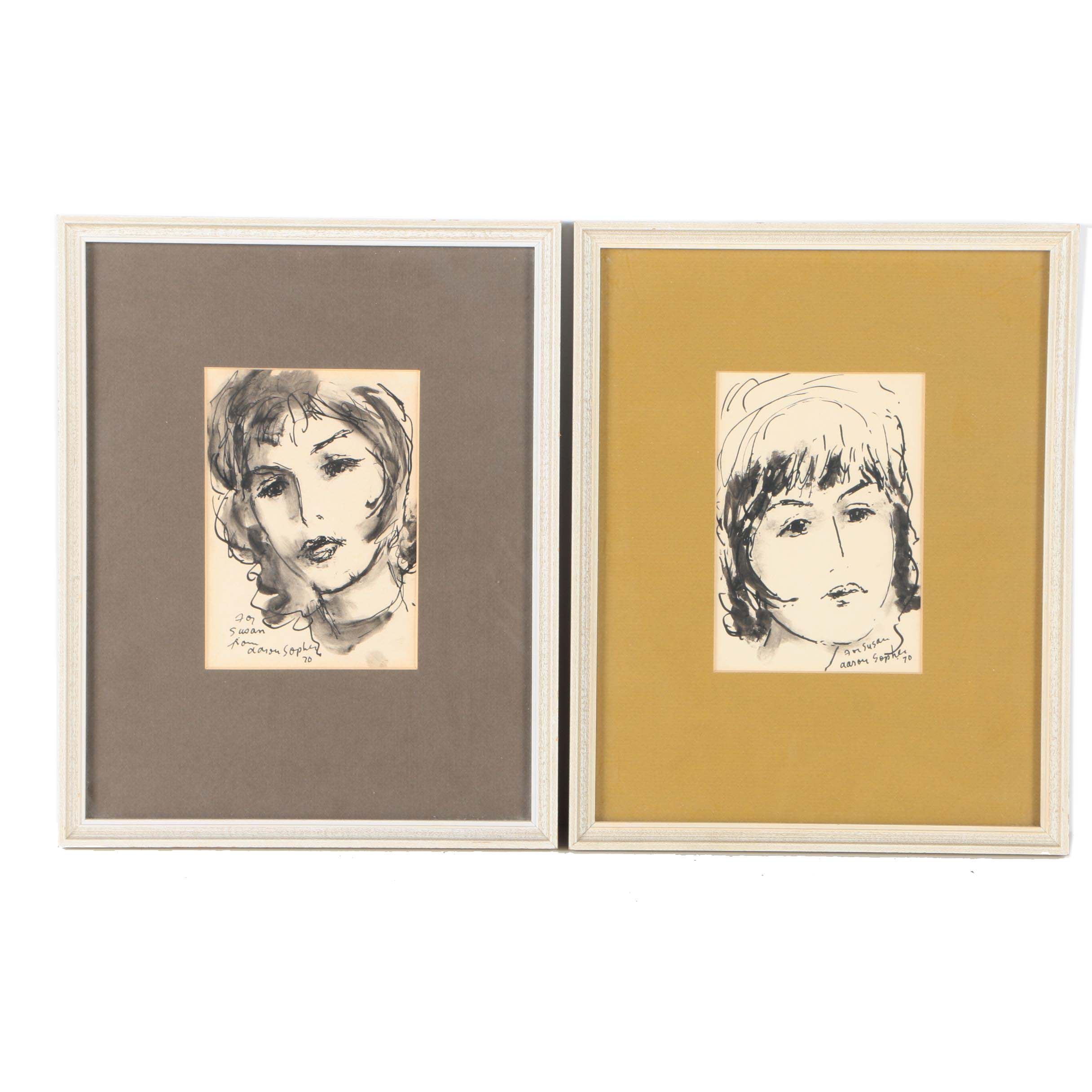 Aaron Sopher Mid Century Ink Wash Portraits "For Susan"