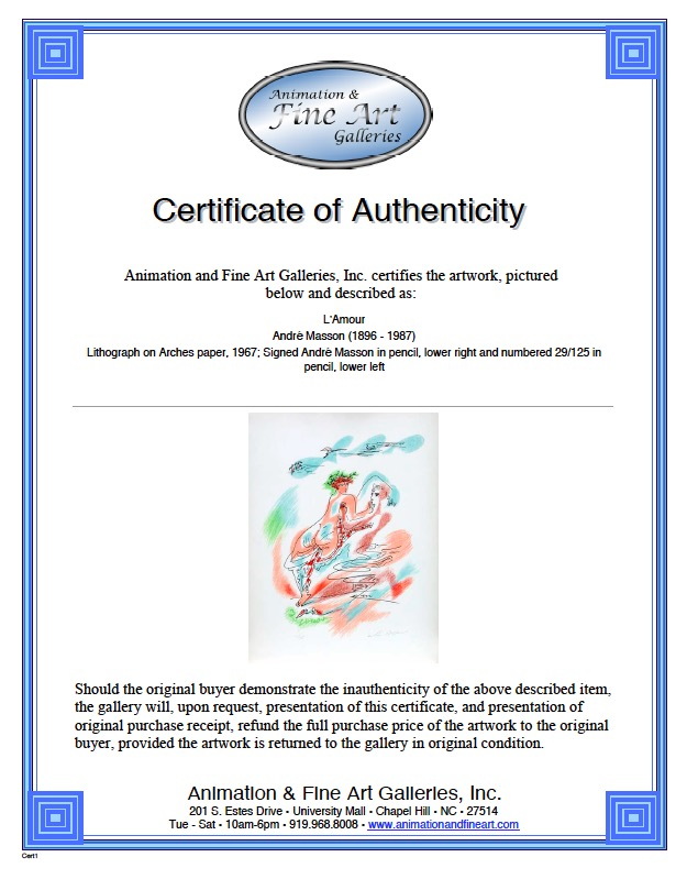 André Masson Signed Limited Edition Lithograph "Cupid and Psyche"