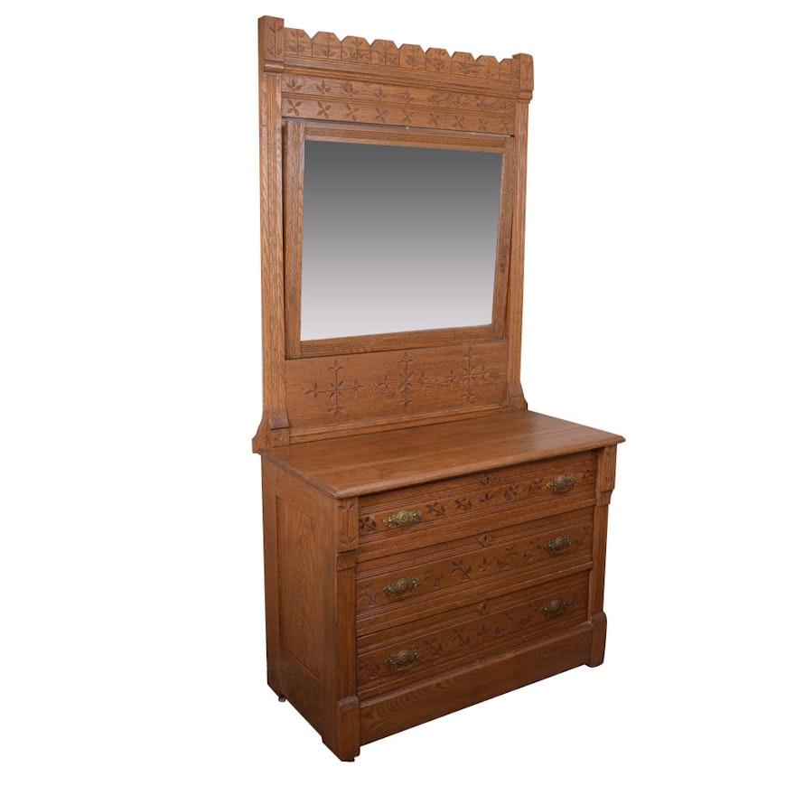 Antique Eastlake Oak Chest of Drawers With Mirror