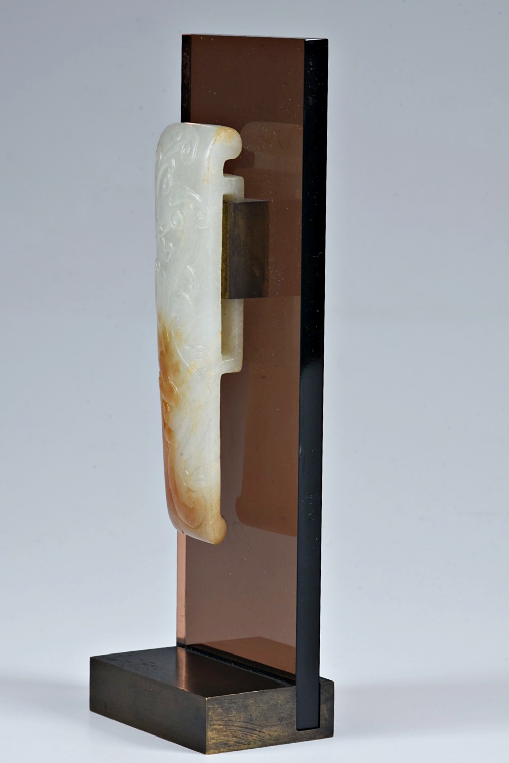 Chinese Carved Nephrite Belt Hook Mounted on Acrylic