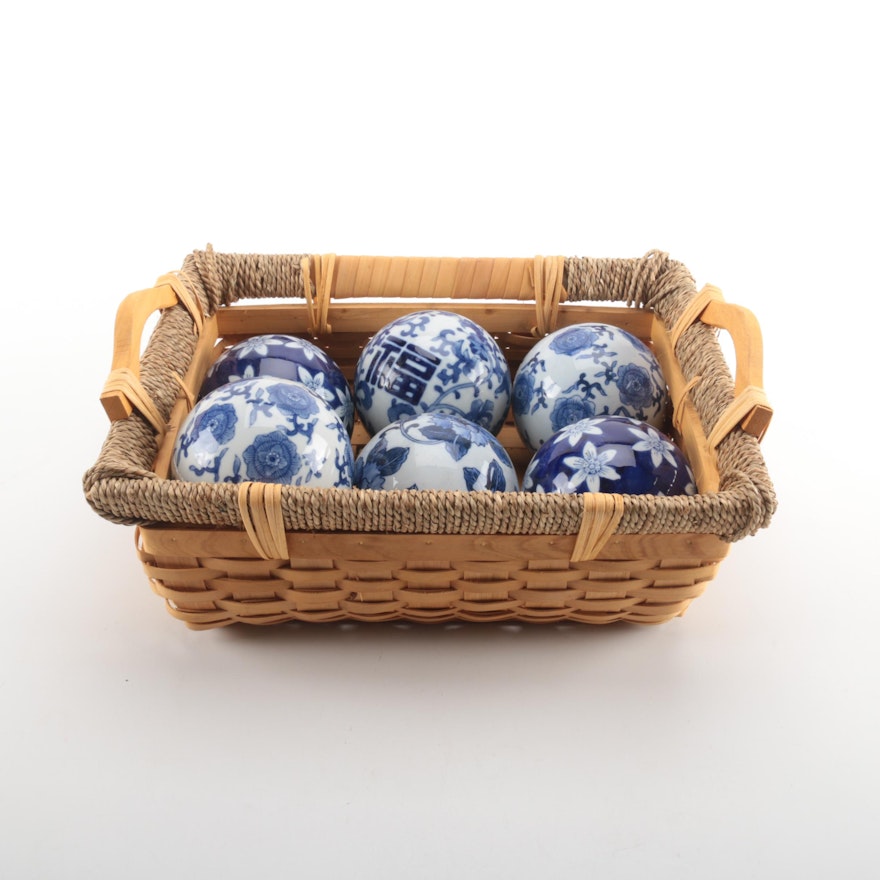 Cobalt Blue and White Decorative Carpet Balls With Woven Basket