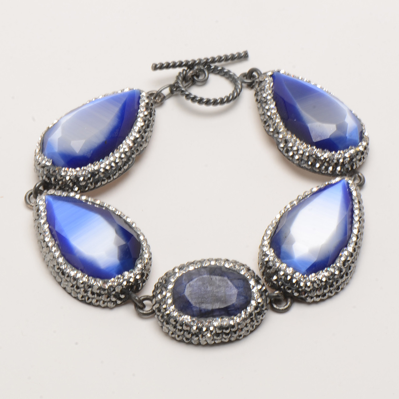 Sterling Fashion Bracelet with Kyanite and Cat's Eye Glass