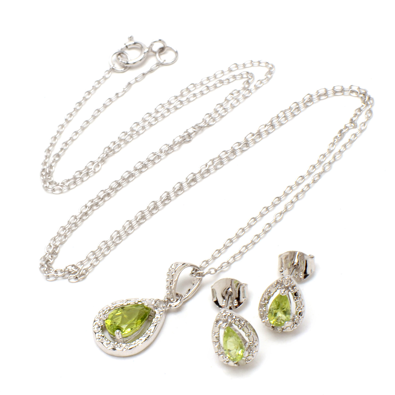 Sterling Peridot and Diamond Earring and Necklace Ensemble