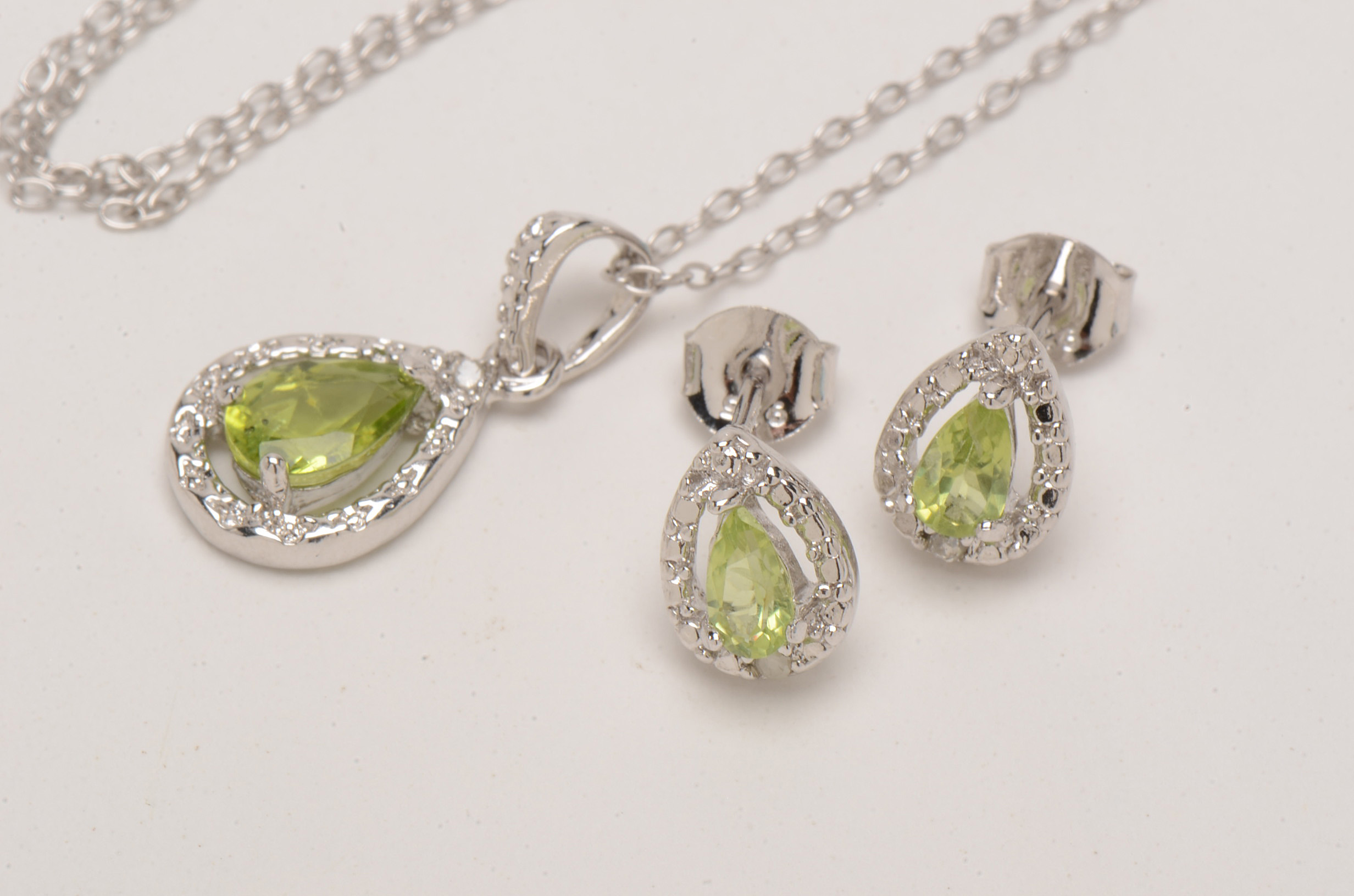 Sterling Peridot and Diamond Earring and Necklace Ensemble