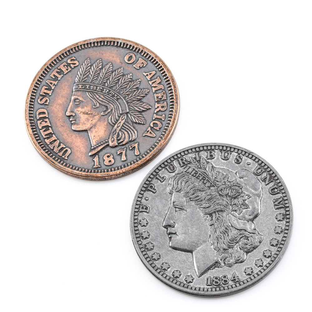 Reproduction Oversized 1877 Indian Head Cent and 1884-S Morgan Dollar With Leather Pouch