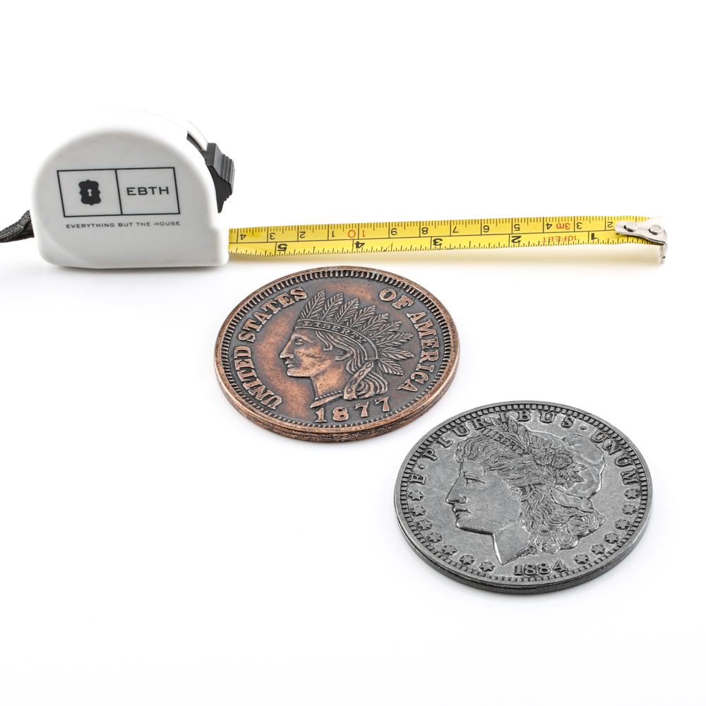 Reproduction Oversized 1877 Indian Head Cent and 1884-S Morgan Dollar With Leather Pouch