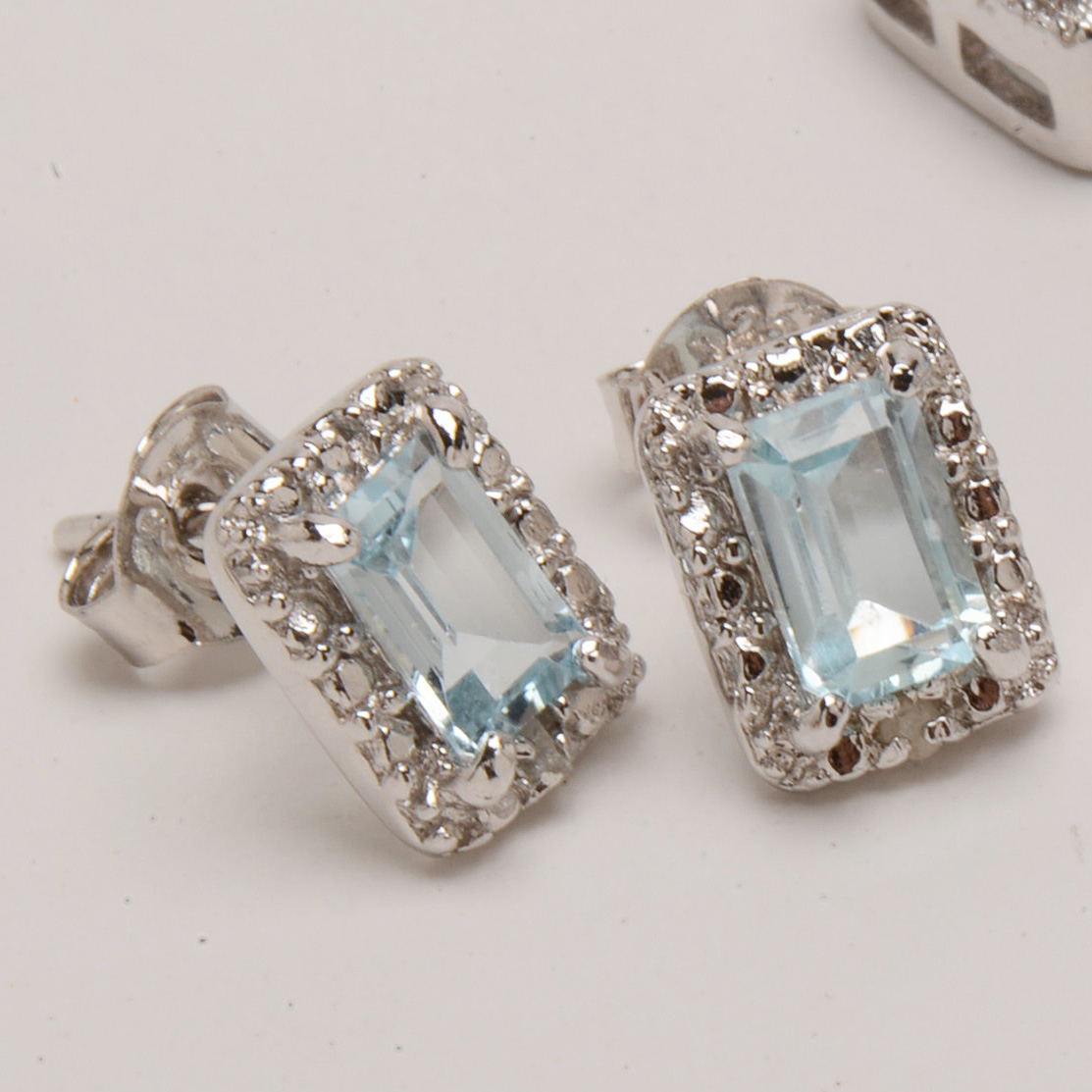 Sterling Blue Topaz and Diamond Necklace and Earring Sets