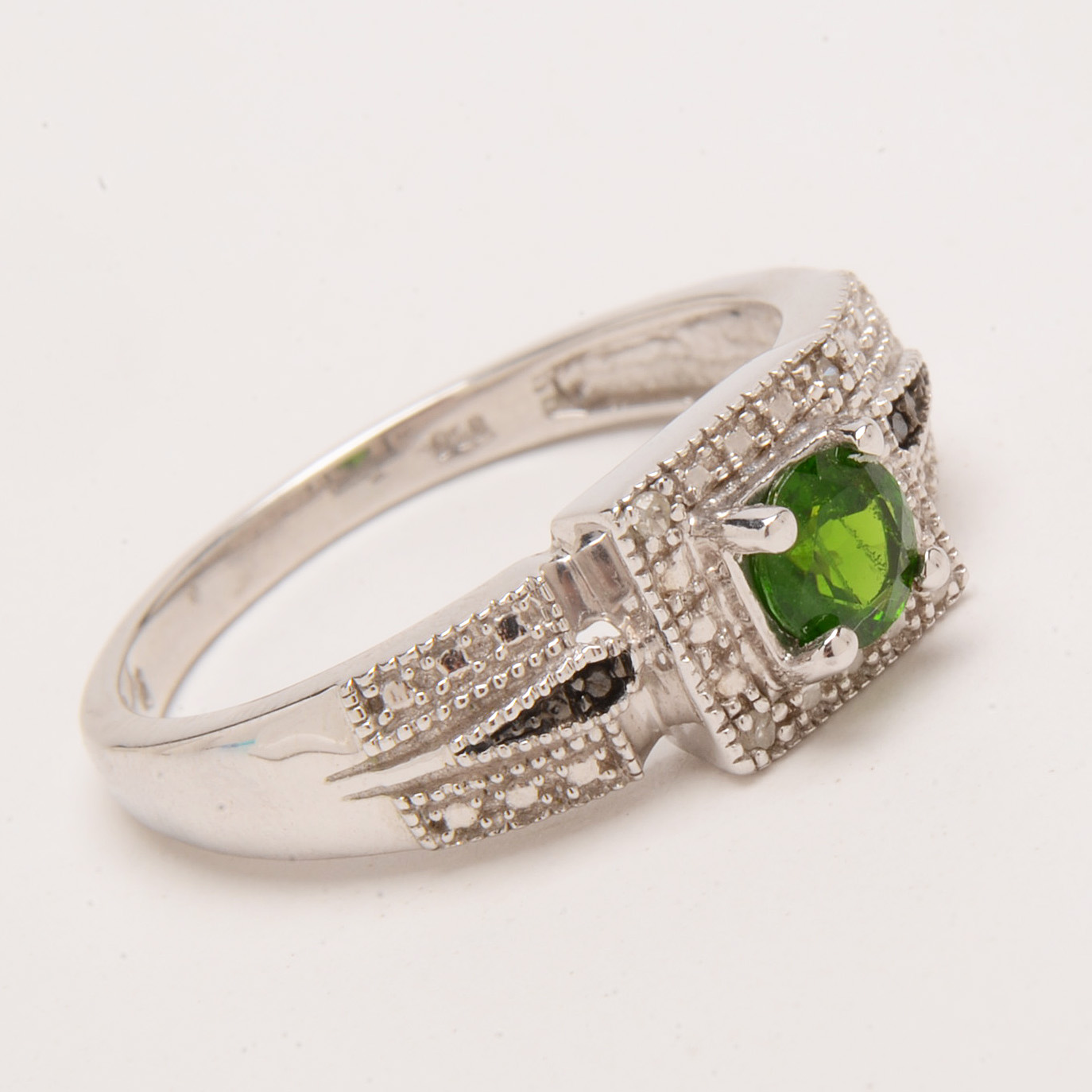 Sterling Silver Diopside Ring with Diamond Accents
