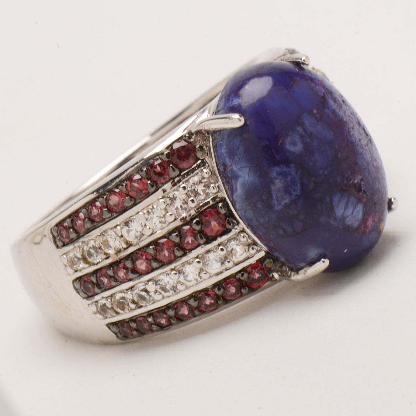 Sterling Silver Charoite Ring with Zircon and Garnet