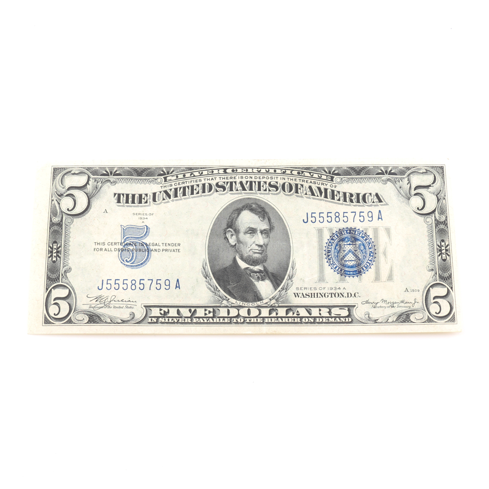 Series 1934-A Blue Seal $5 Silver Certificate
