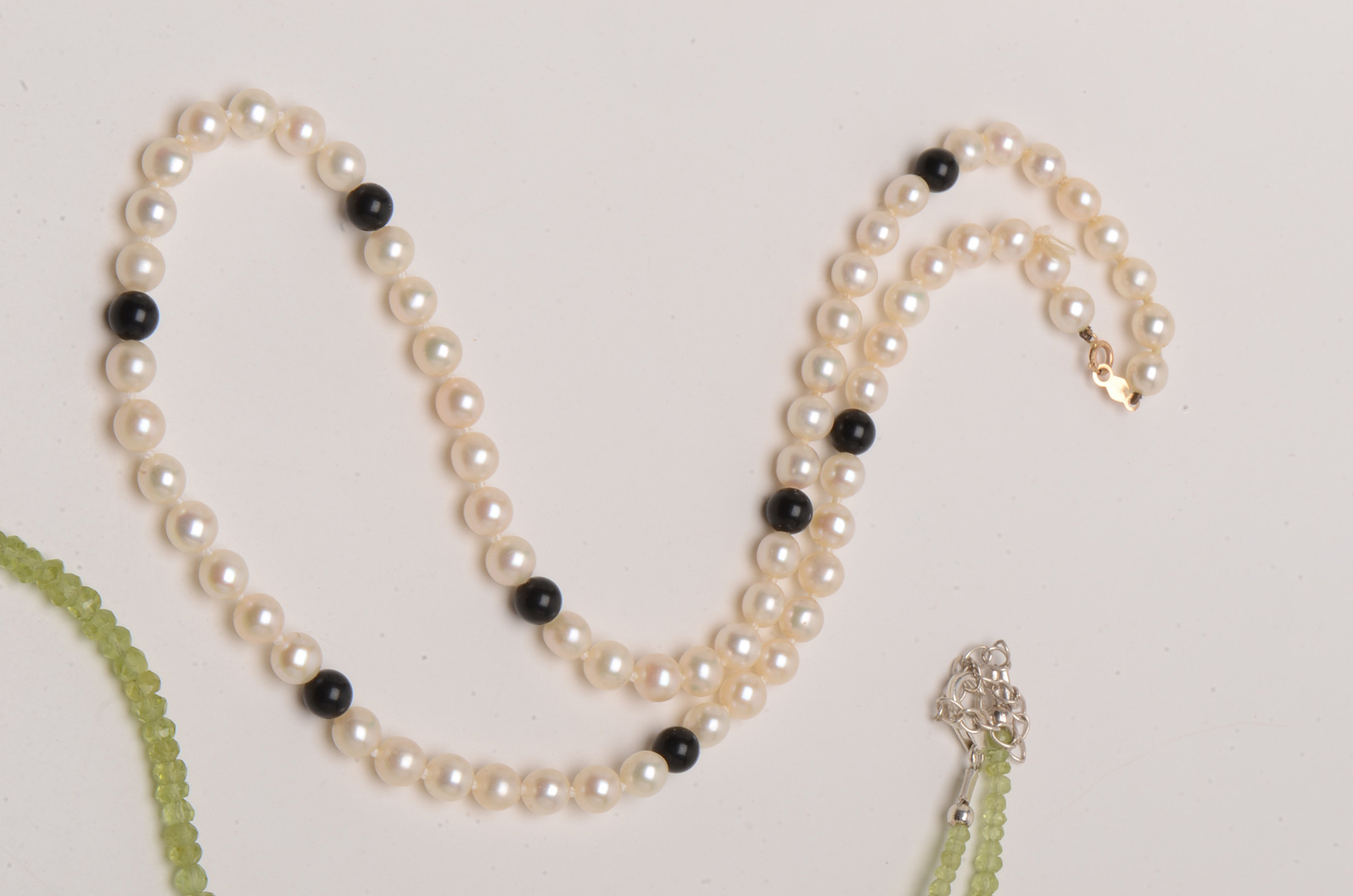 Freshwater Pearl, Peridot Necklaces with 10K and Sterling Clasps