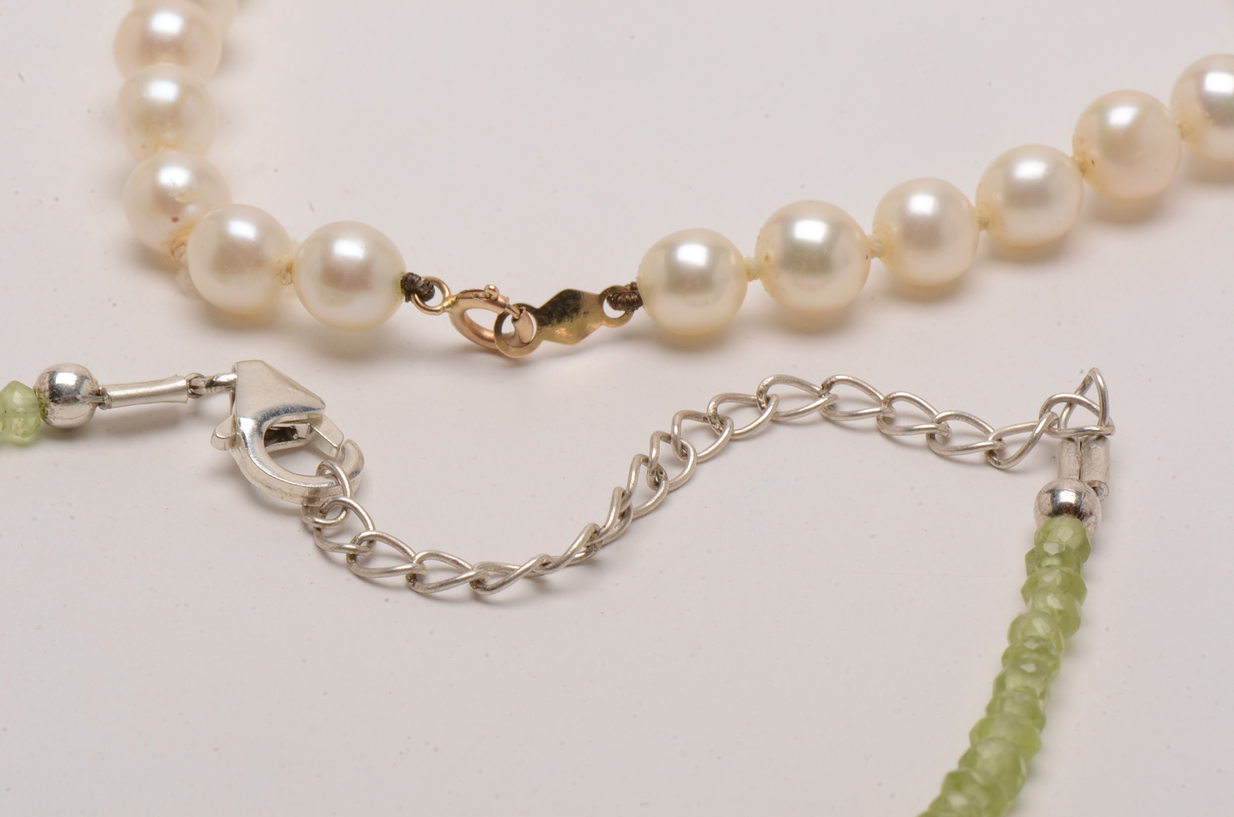 Freshwater Pearl, Peridot Necklaces with 10K and Sterling Clasps