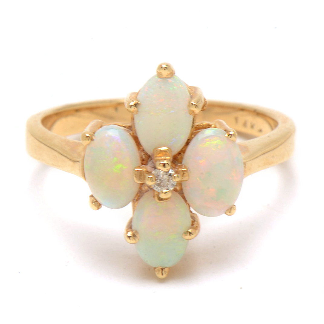 14K Yellow Gold Opal Ring with Diamond Center