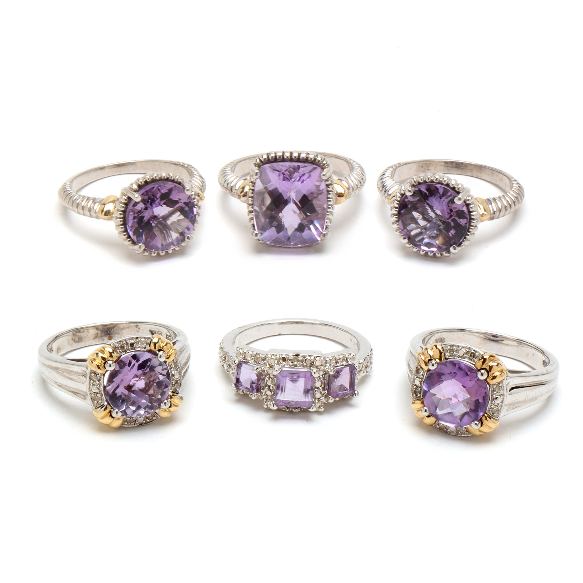 Six Sterling Amethyst Rings with Gold and Diamond Accents