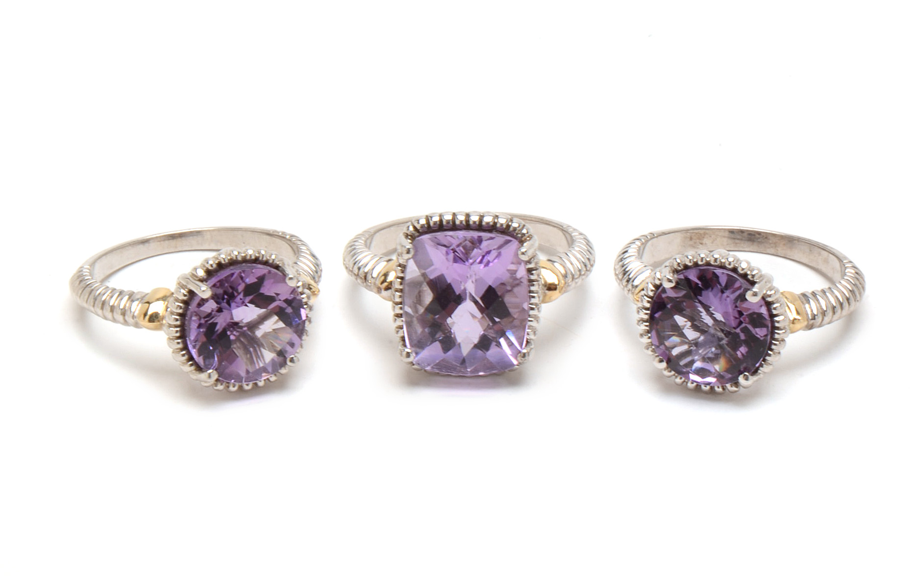 Six Sterling Amethyst Rings with Gold and Diamond Accents