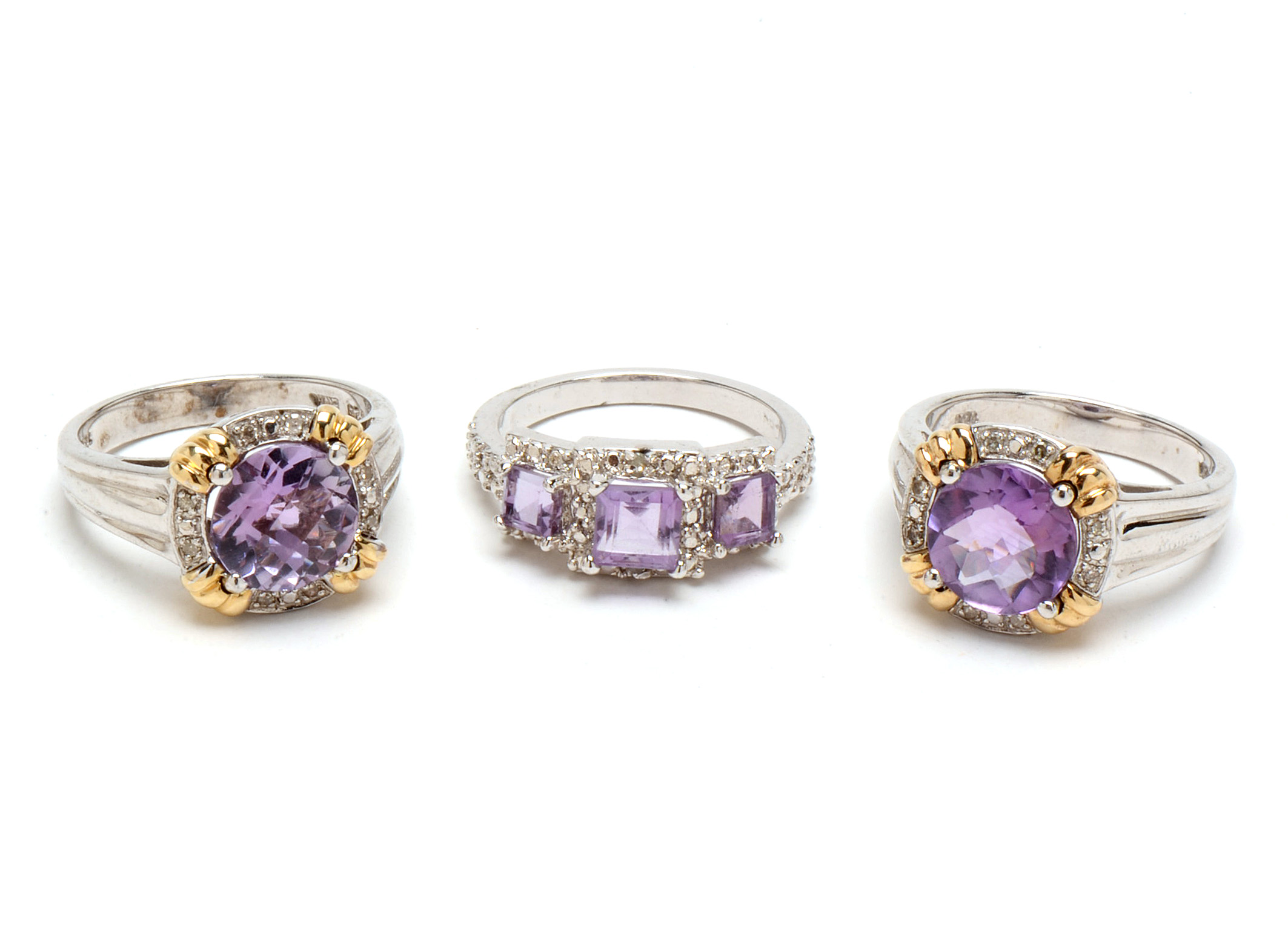 Six Sterling Amethyst Rings with Gold and Diamond Accents