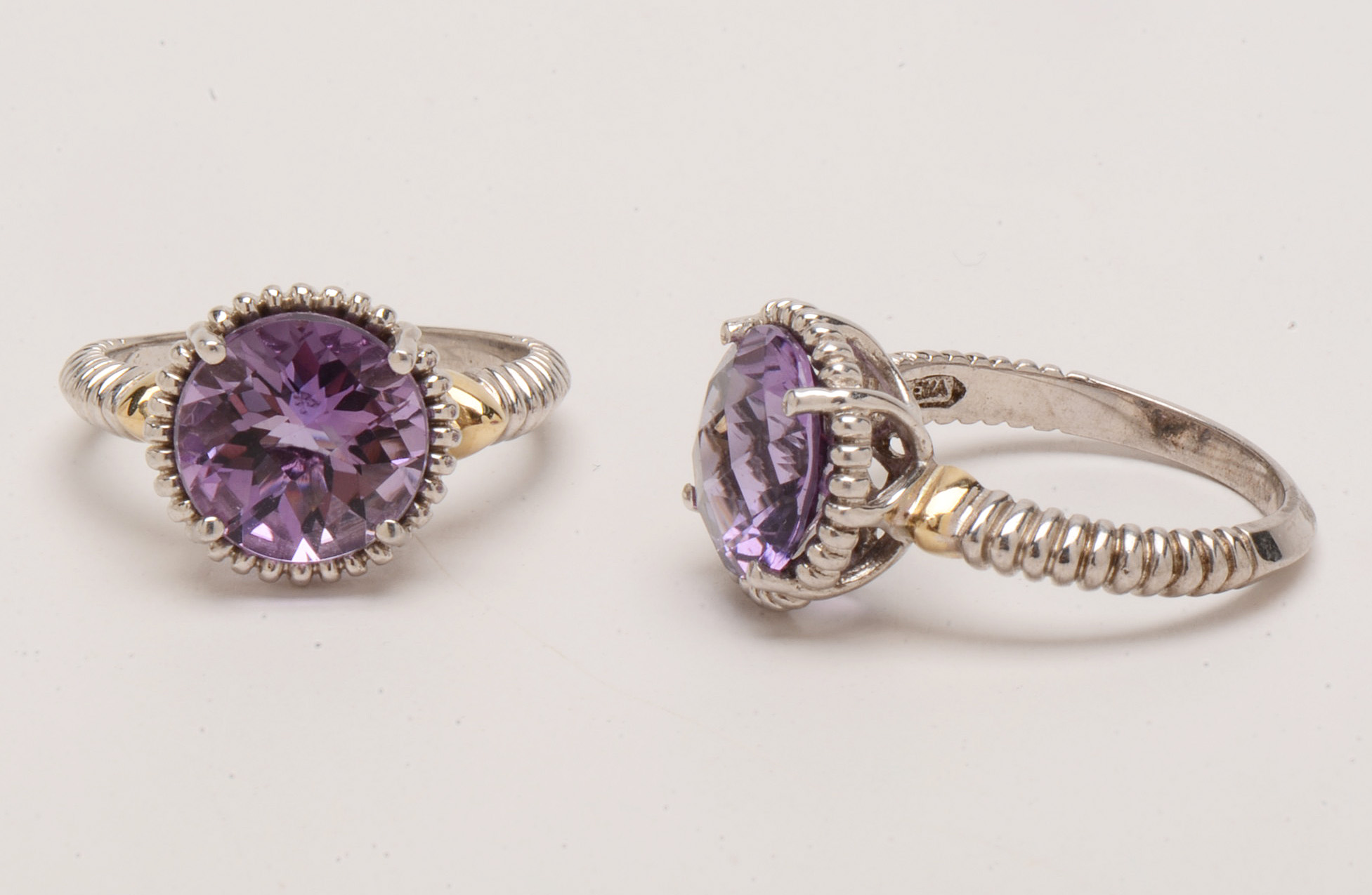 Six Sterling Amethyst Rings with Gold and Diamond Accents