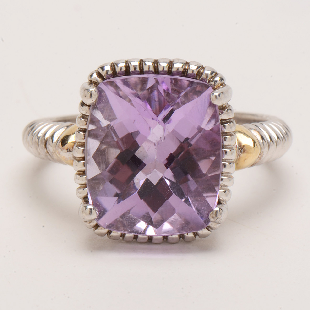 Six Sterling Amethyst Rings with Gold and Diamond Accents